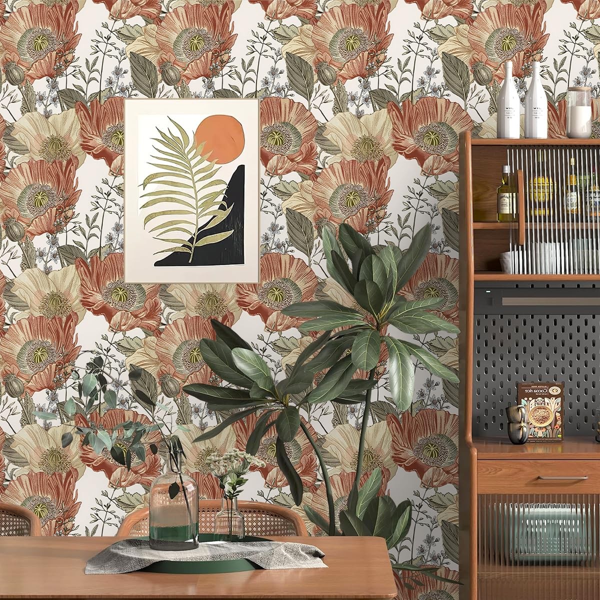 Livebor Floral Wallpaper Peel and Stick Boho 17.7″ x 118.1″, Beige/Crimson