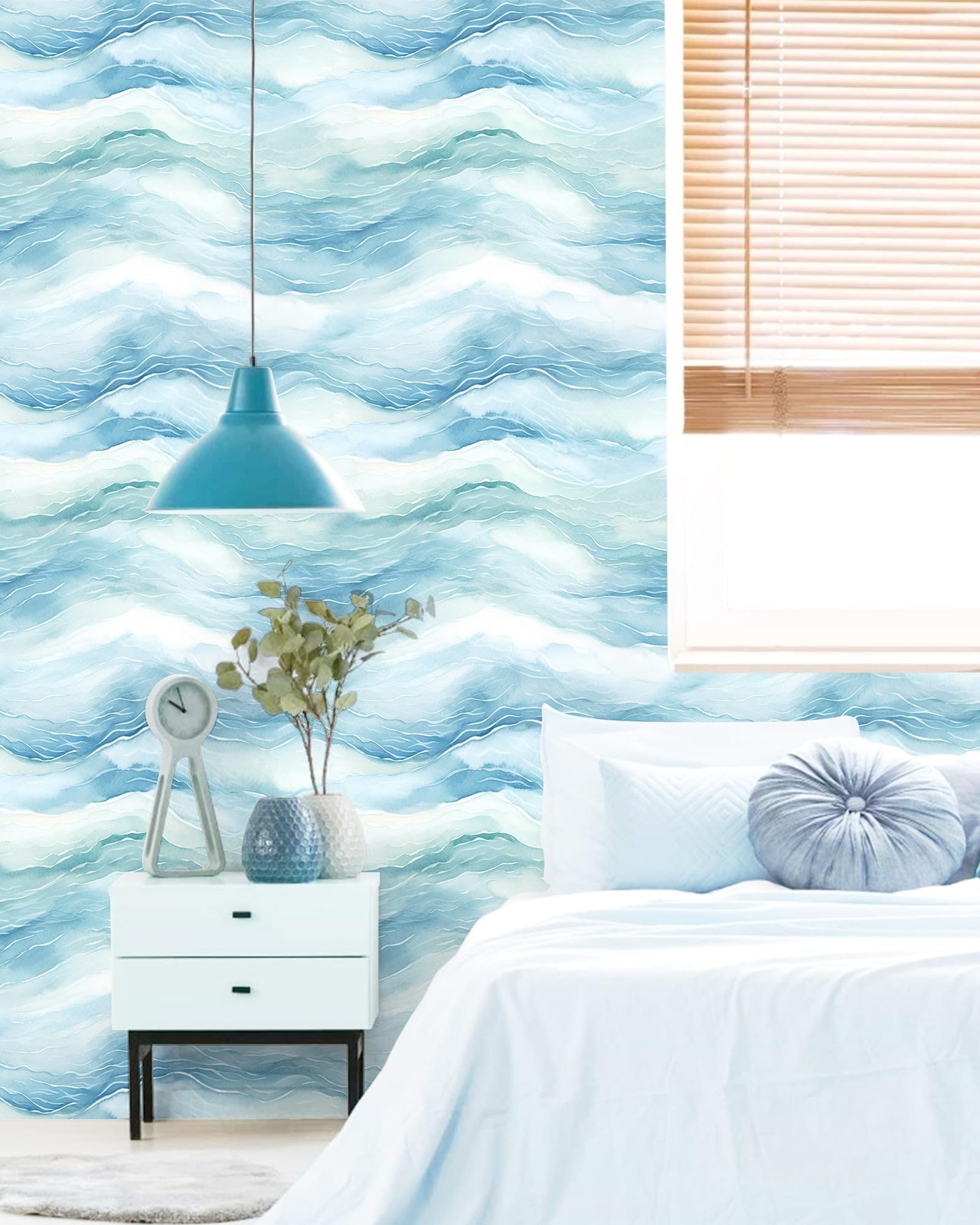 HAOKHOME Peel and Stick Wallpaper Wave Wall Paper Coastal 17.3″ x 118″, Blue
