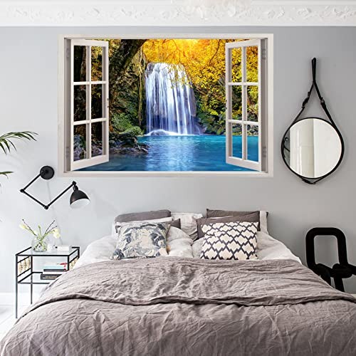 Forest Waterfall Fake Window Wall Stickers, 3D Faux Window Mural, Suitable for
