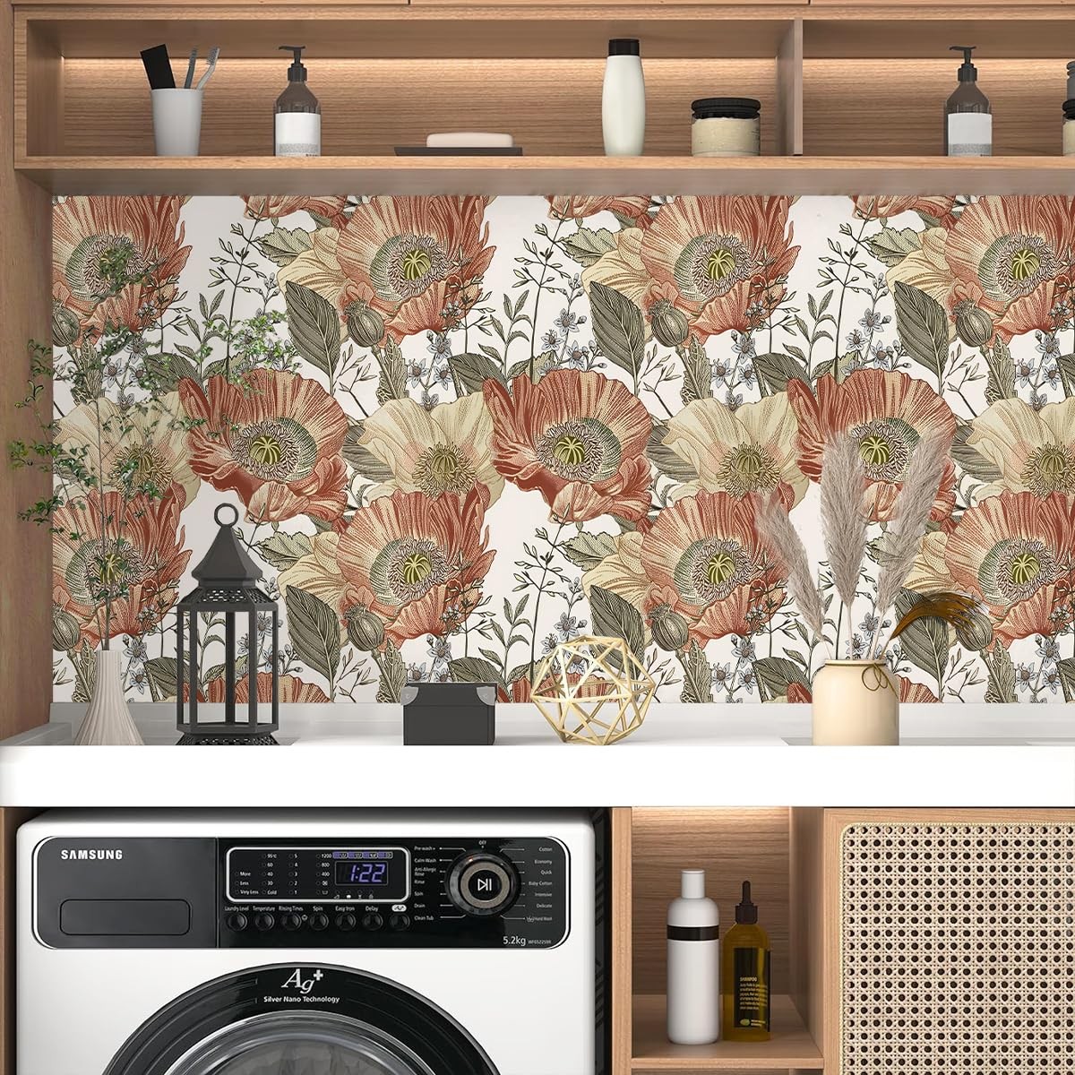 Livebor Floral Wallpaper Peel and Stick Boho 17.7″ x 118.1″, Beige/Crimson