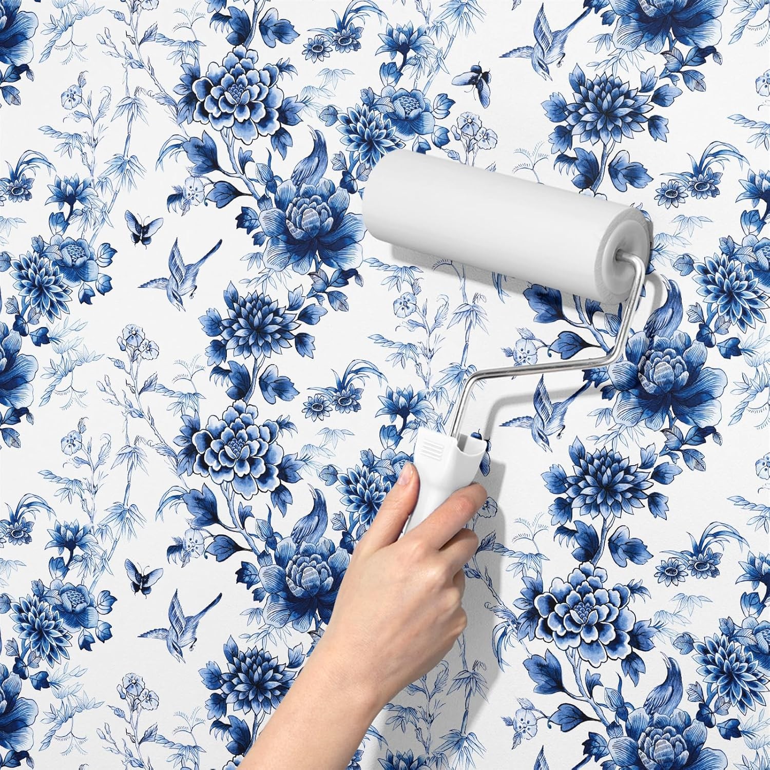 RUSPEPA Peel and Stick Wallpaper – Blue Flower 17.3 x 78.7, White