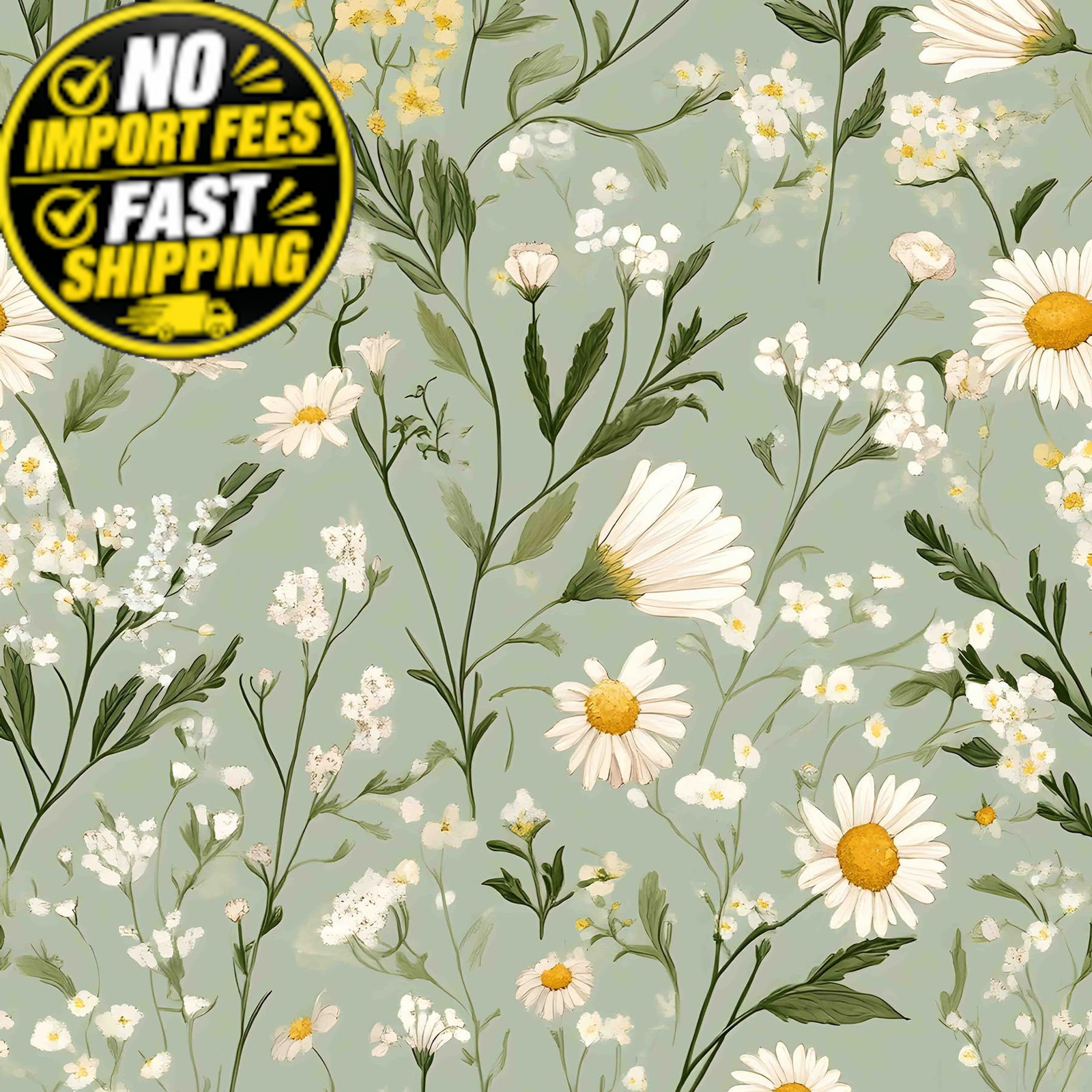Kifoio Vintage Daisy Floral Wallpaper Green Peel 17.3″ x 78.8″,