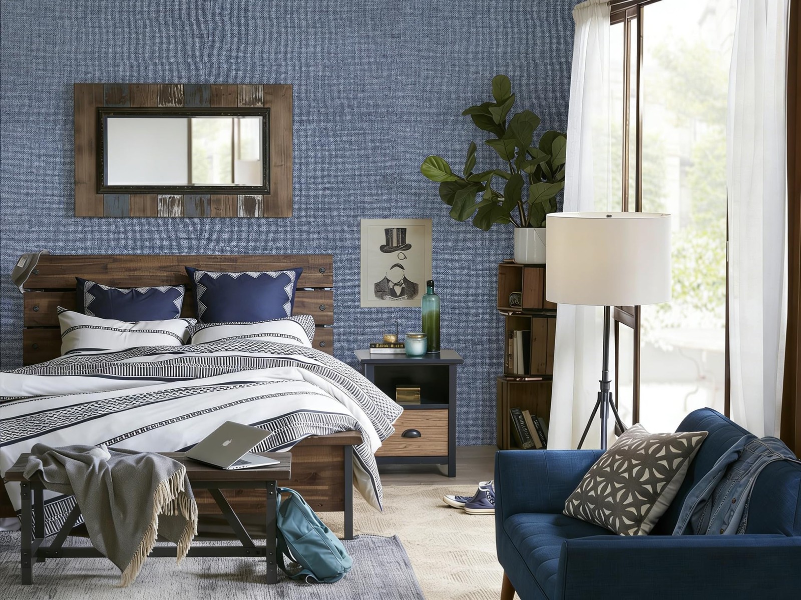 lenify Grasscloth Peel and Stick Wallpaper Denim 15.7″W x 118.1″L, Blue
