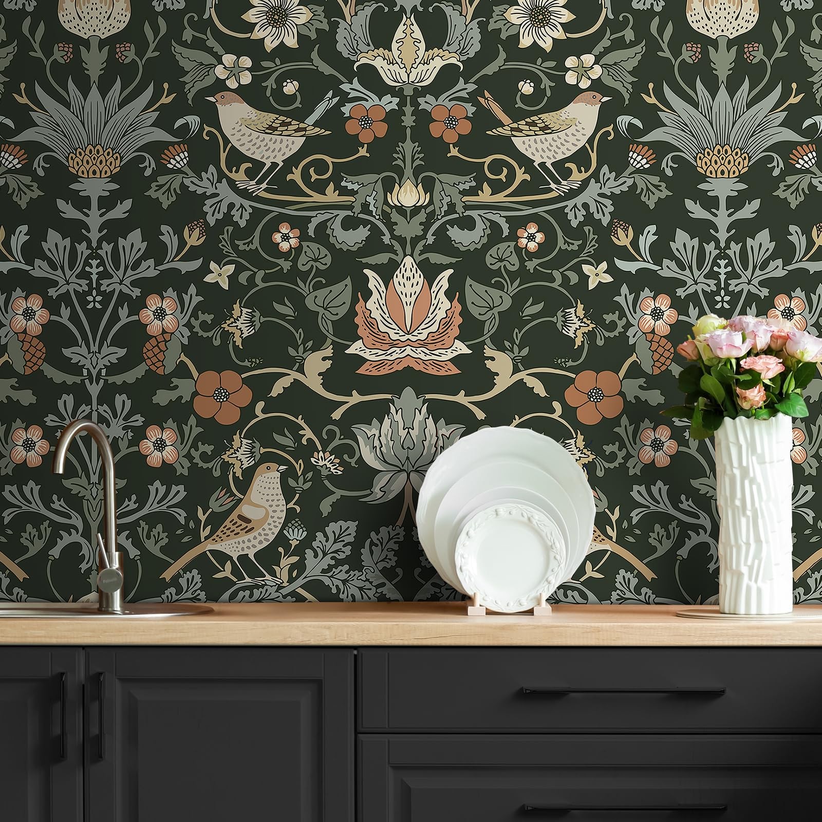 Livelynine Green William Morris Wallpaper 17.5″ x 78.8″,
