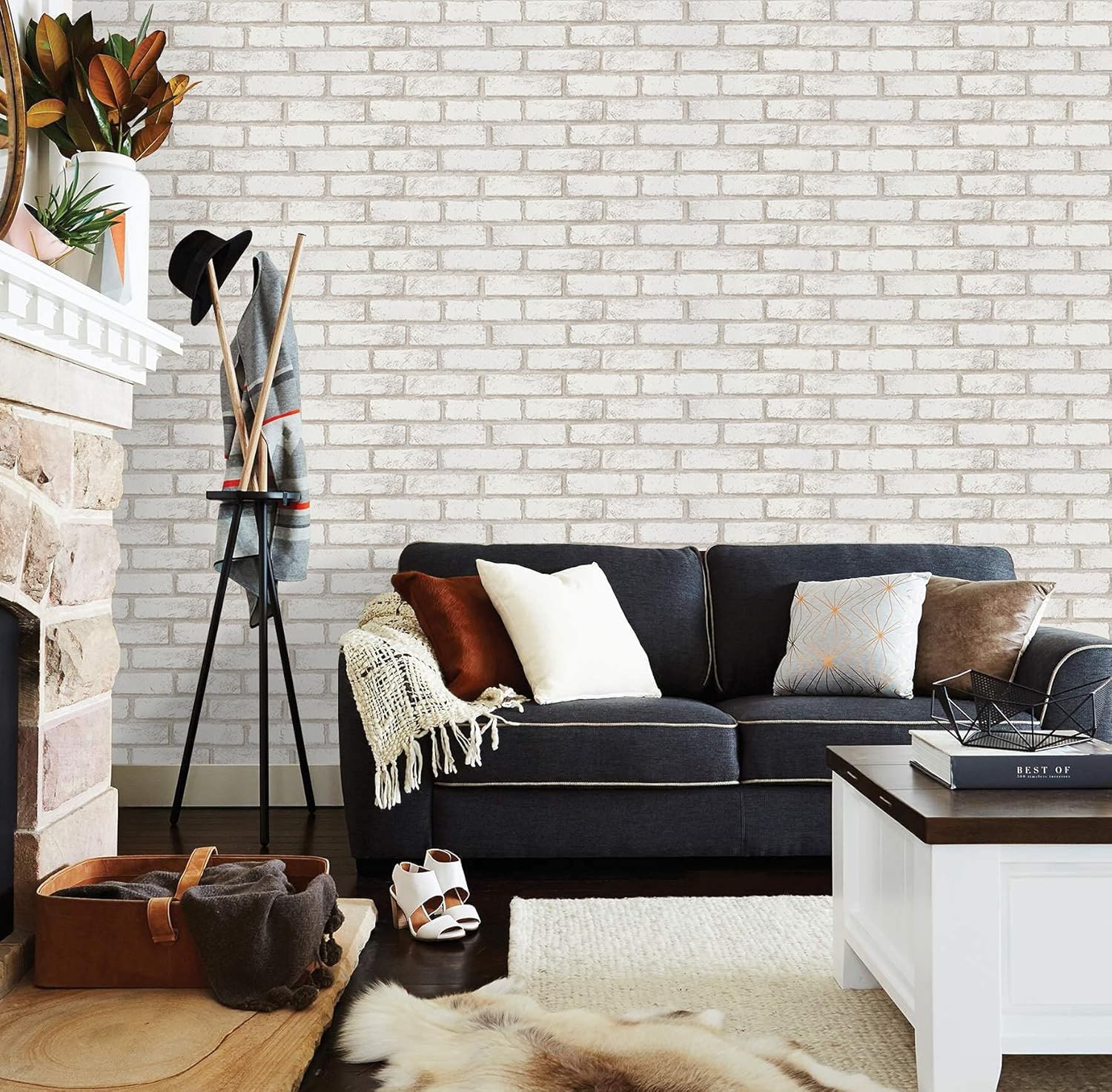 Timeet Beige White Brick Peel and Stick Wallpaper 17.7 x 118.1, Beige,white