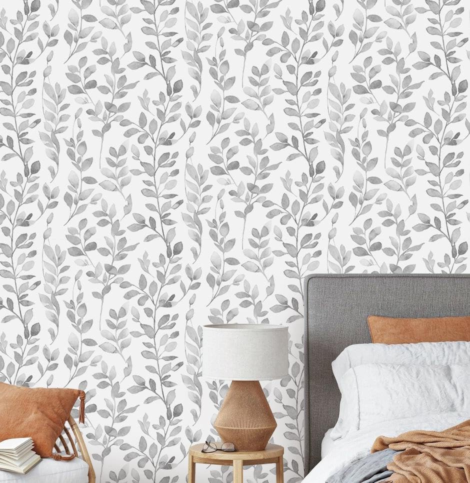 MelunMer Modern Grey Leaf Peel and Stick Wallpaper Boho 17.3″ x 78.8″, Gray
