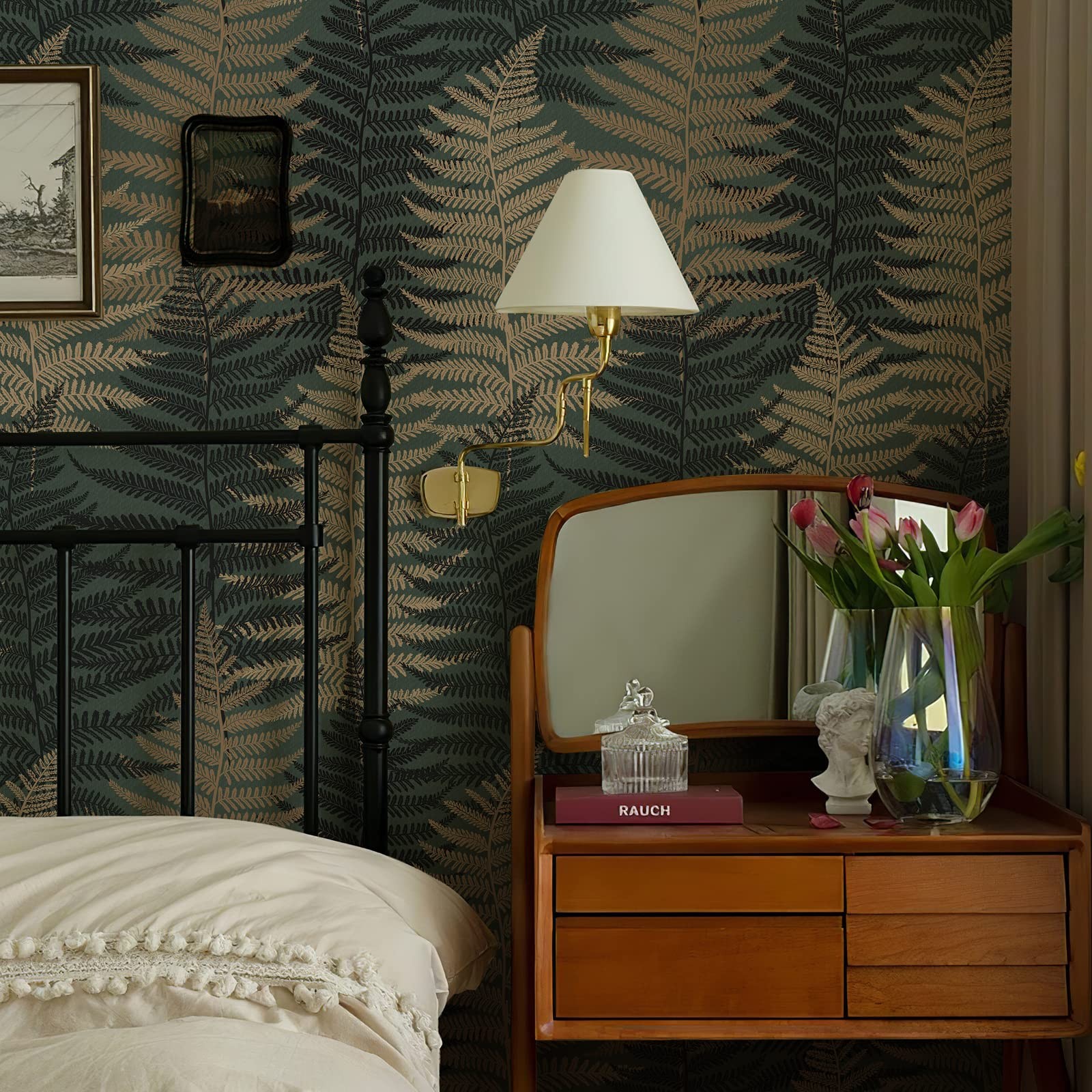 JiffDiff Botanical Fern Wallpaper Green Moody Peel 17.7″ x 118″, Dark