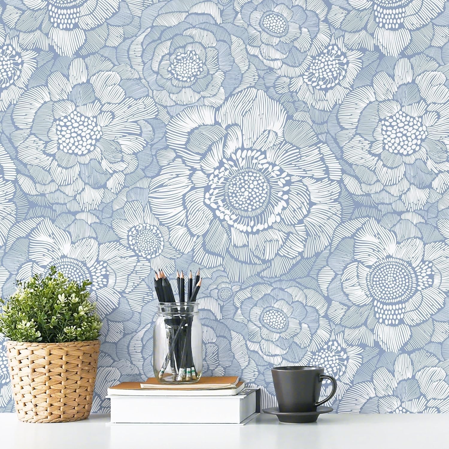 HeloHo Peel and Stick Wallpaper Blue Floral Wall Paper 17.3″ x 78.7″,