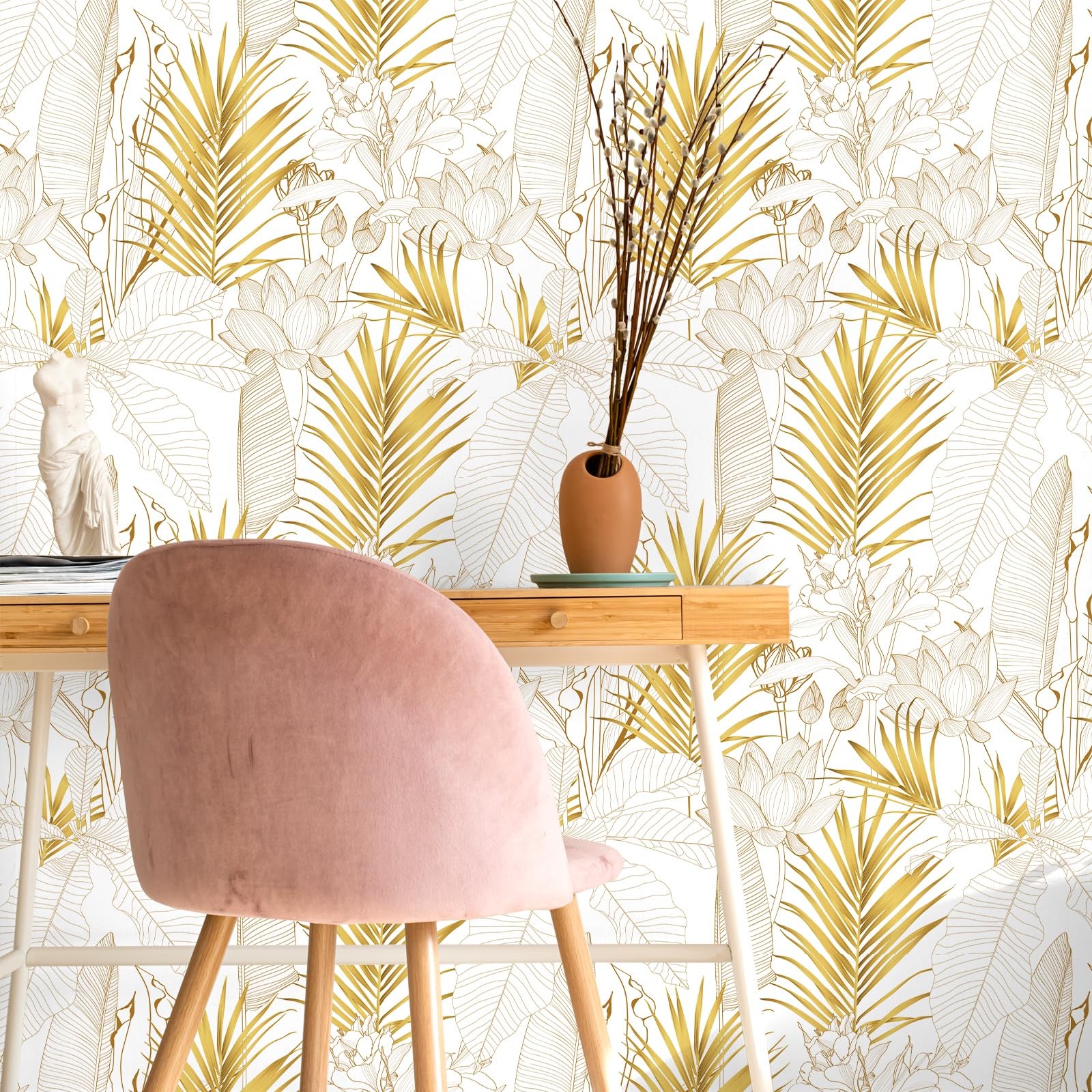 VEELIKE Boho Gold Tropical Peel and Stick Exotic Palm 17.7″ x 118″,