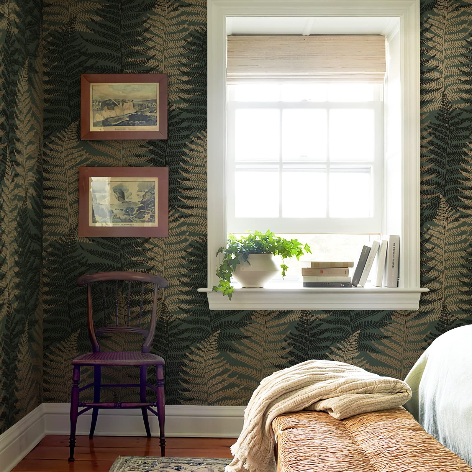 JiffDiff Botanical Fern Wallpaper Green Moody Peel 17.7″ x 118″, Dark