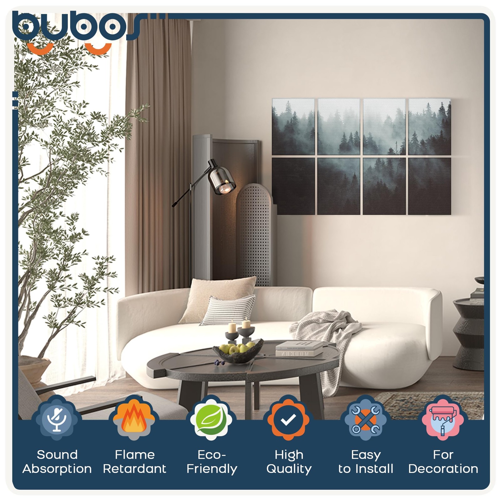 BUBOS 8 Pcs Art Acoustic Wall 48 * 32 Inches, Fog Forest