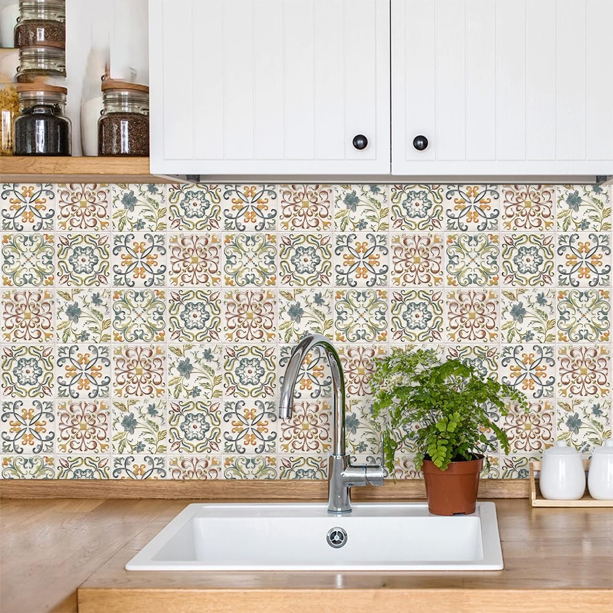 Wudnaye Bohemian Wallpaper Peel and Stick Faux Tile 17″ x 118″, Green/Beige