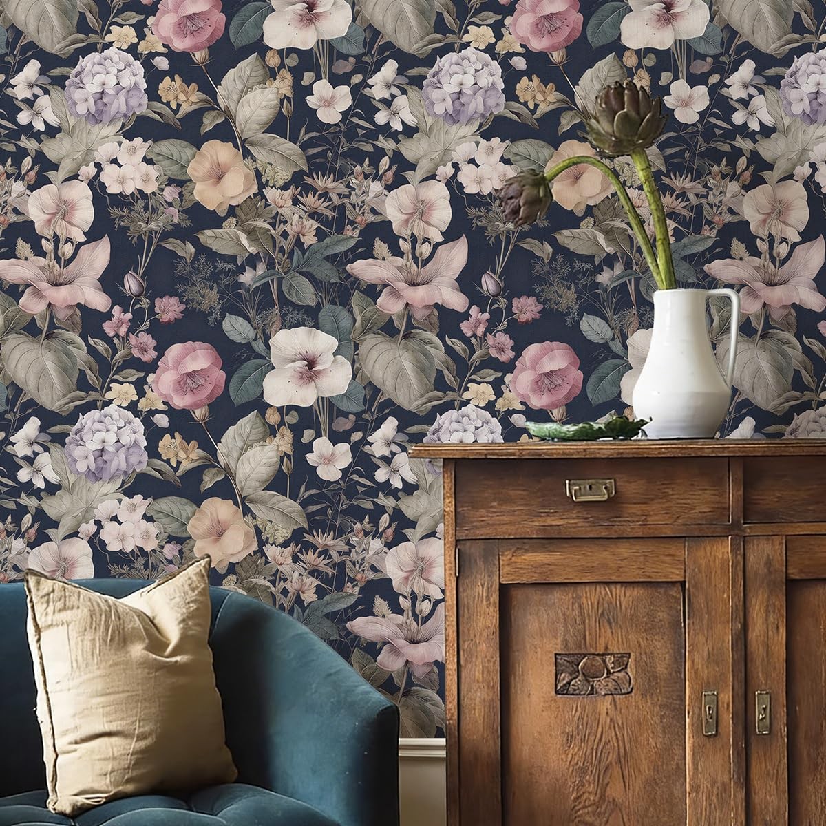 Jeweluck Vintage Floral Peel and Stick Wallpaper 16.9inch×118.1inch, C