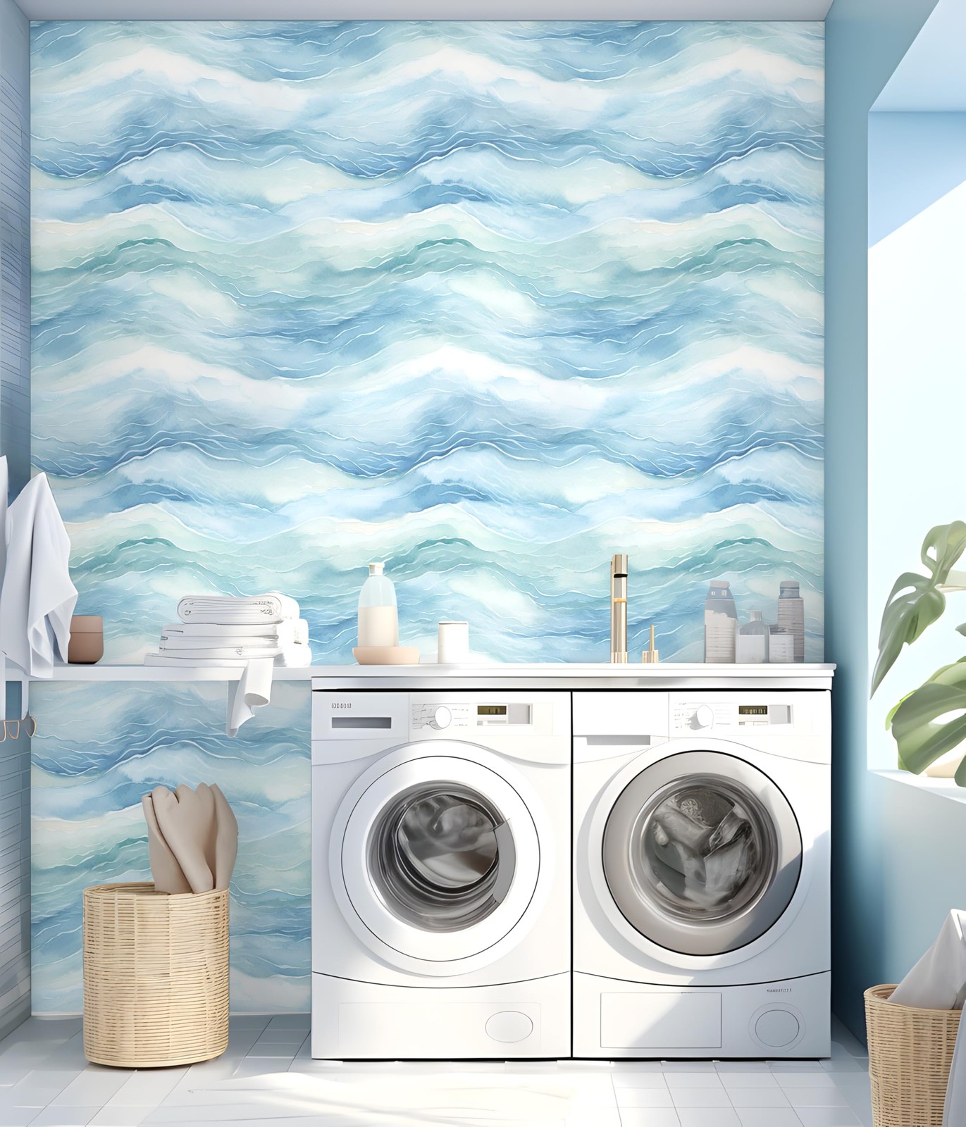 HAOKHOME Peel and Stick Wallpaper Wave Wall Paper Coastal 17.3″ x 118″, Blue