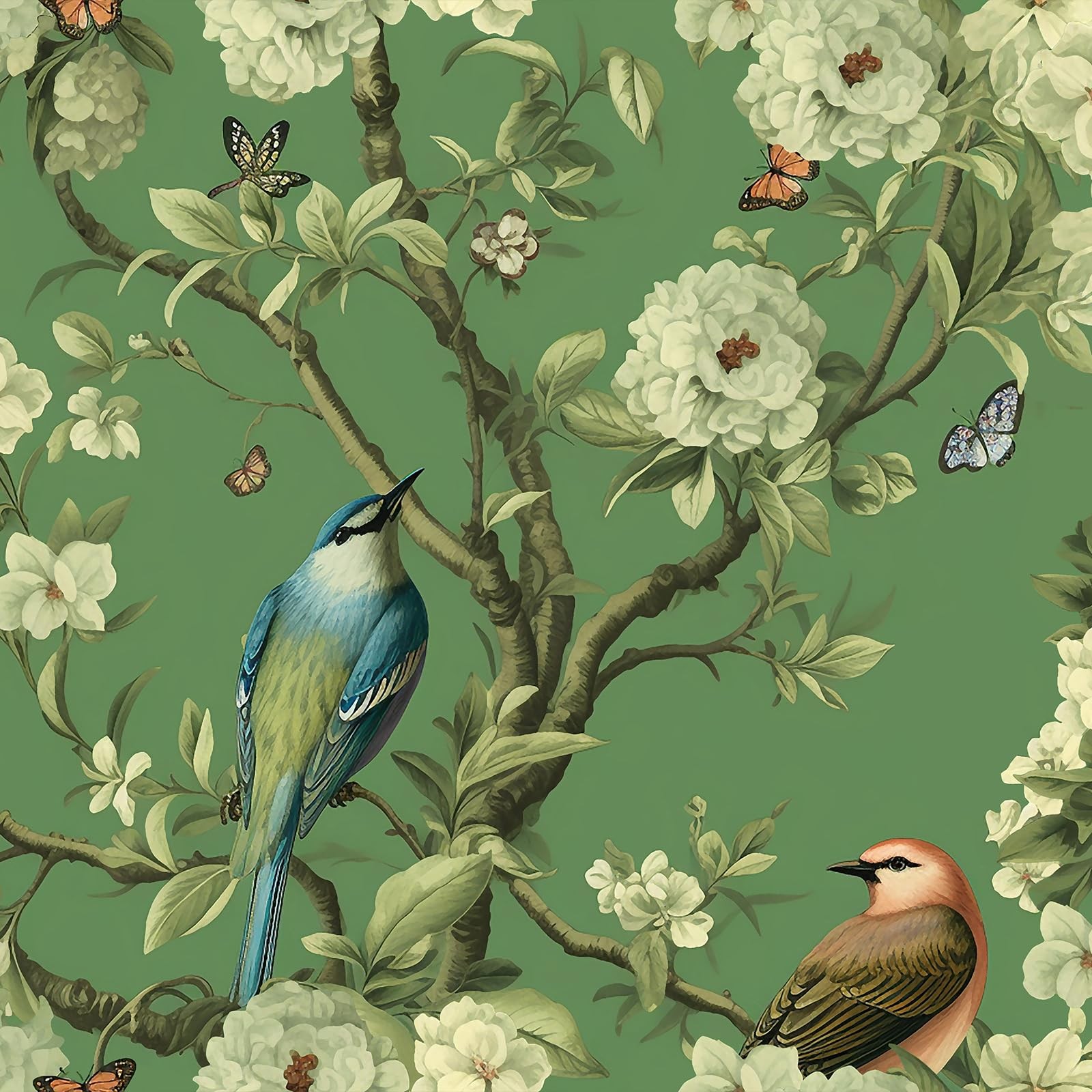 VEELIKE Vintage Branches and Birds Wallpaper Stick 17.7″ x 118″, Green