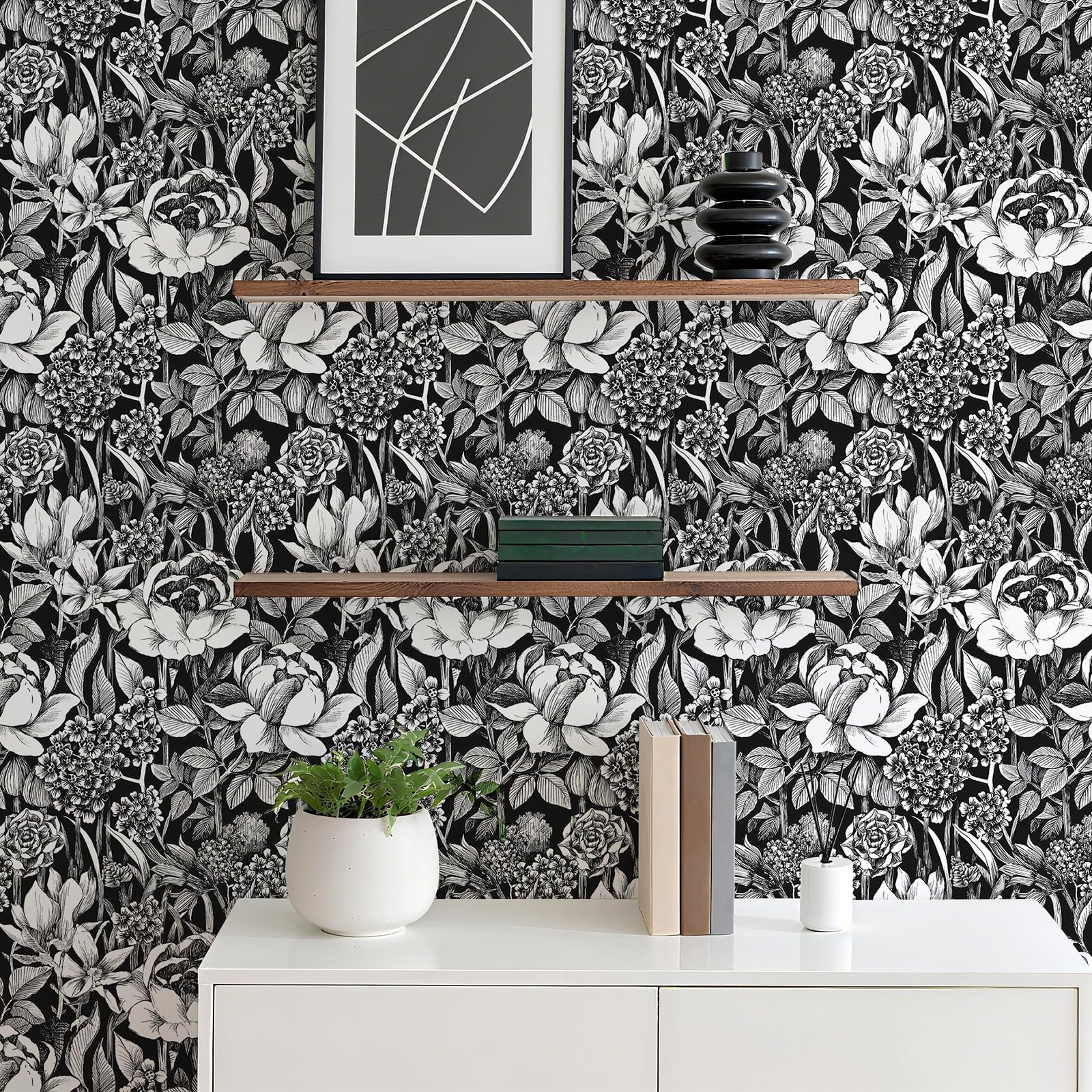 AuraCyzirine Black and White Floral Wallpaper A Set of 17.3″ x 200″,