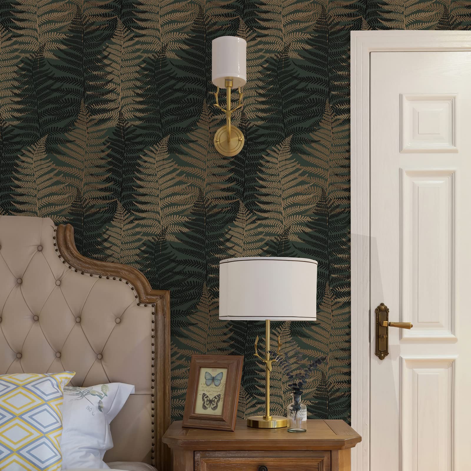 JiffDiff Botanical Fern Wallpaper Green Moody Peel 17.7″ x 118″, Dark