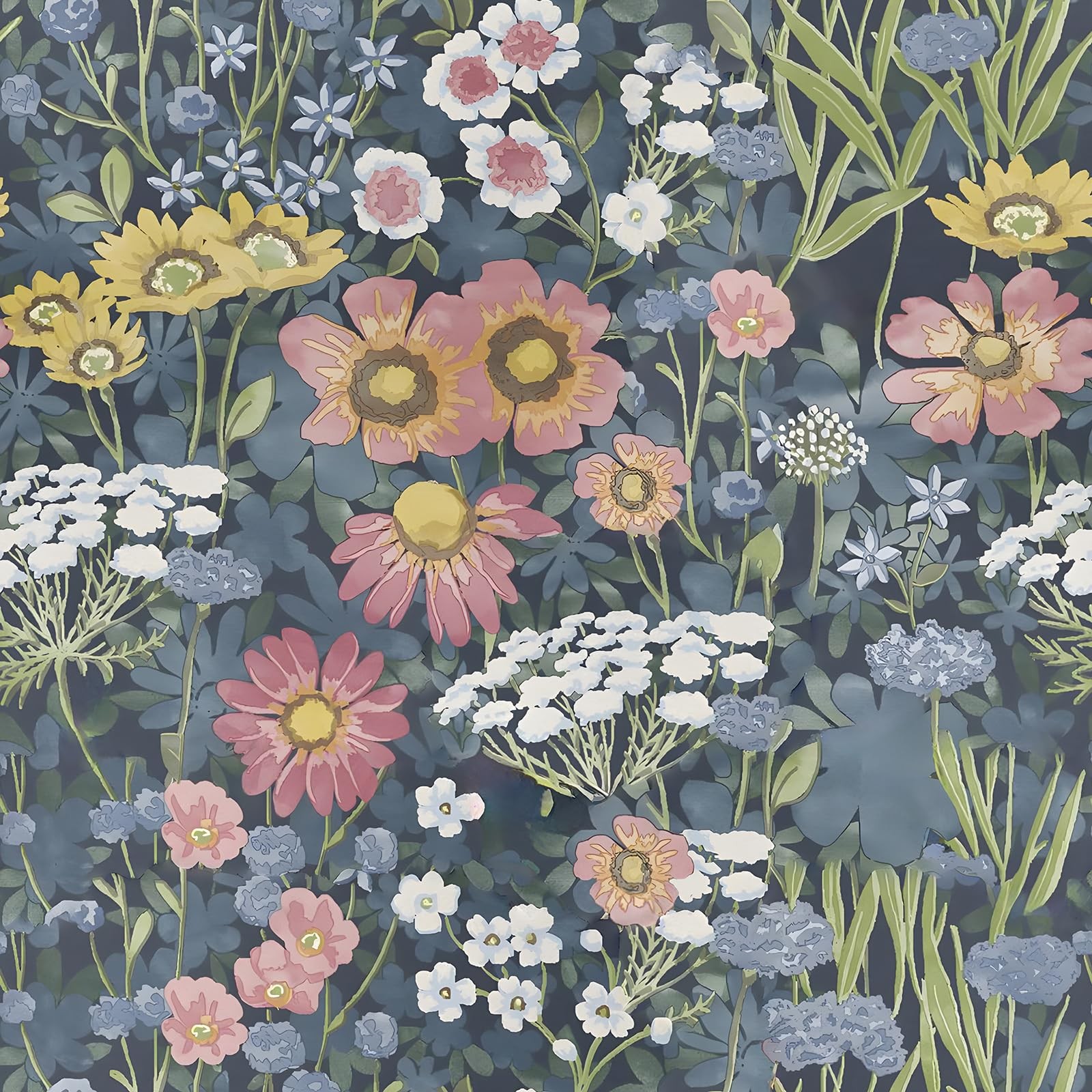 Orainege Vintage Floral Wallpaper Peel 17.7″ x 196.8″, Blue/Pink/Yellow/White