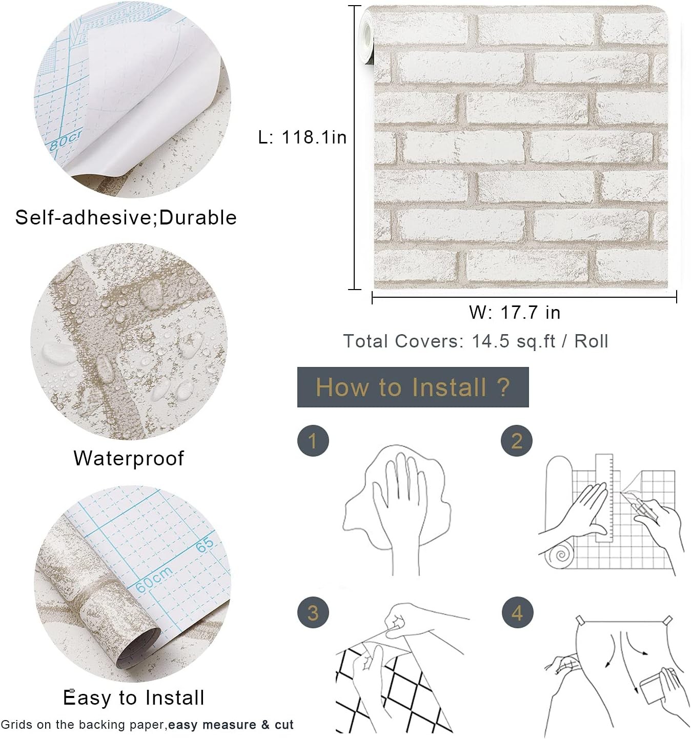 Timeet Beige White Brick Peel and Stick Wallpaper 17.7 x 118.1, Beige,white