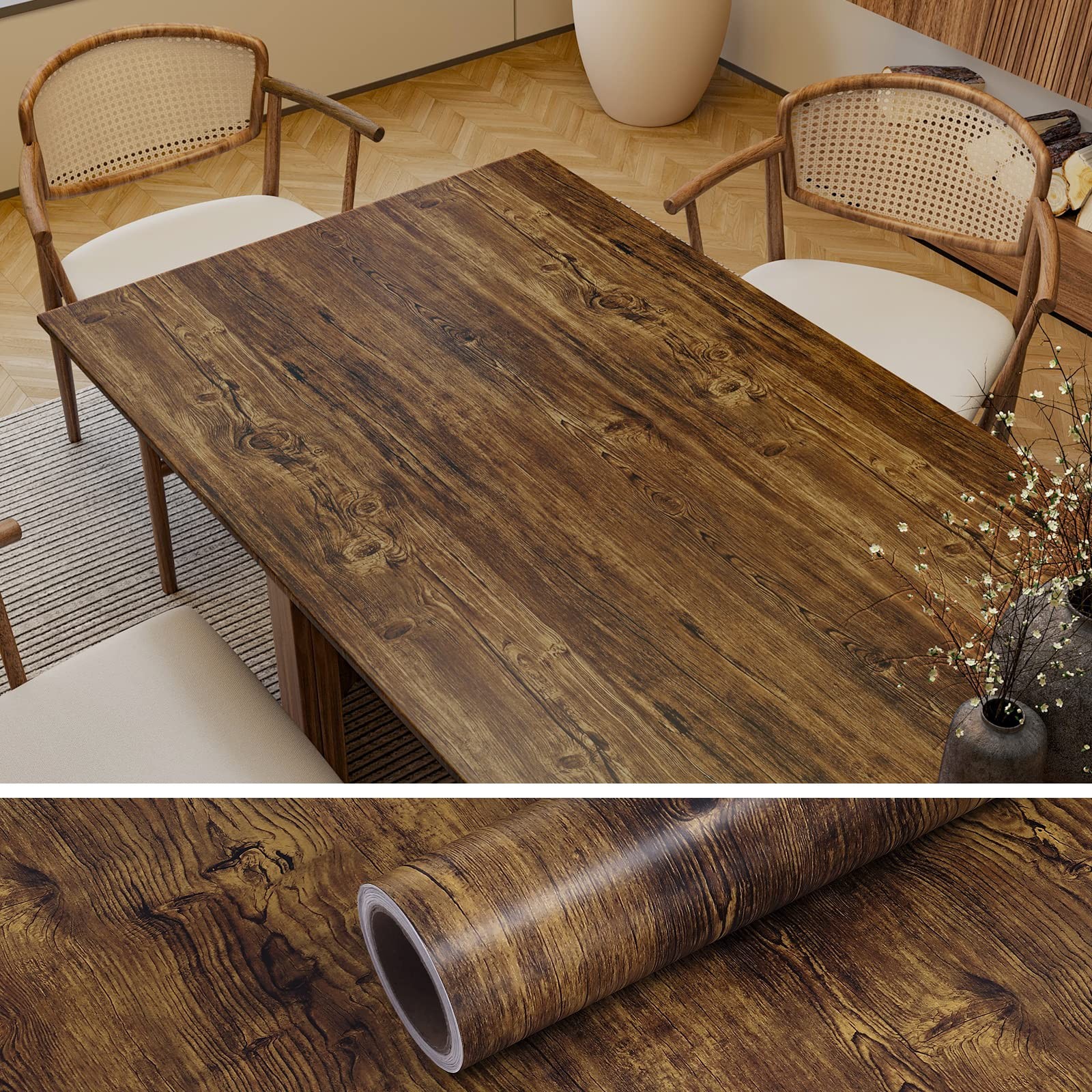 VEELIKE 15.7»x118» Thick Rustic Wood Wallpaper Peel and 15.7″ x 118″, Brown