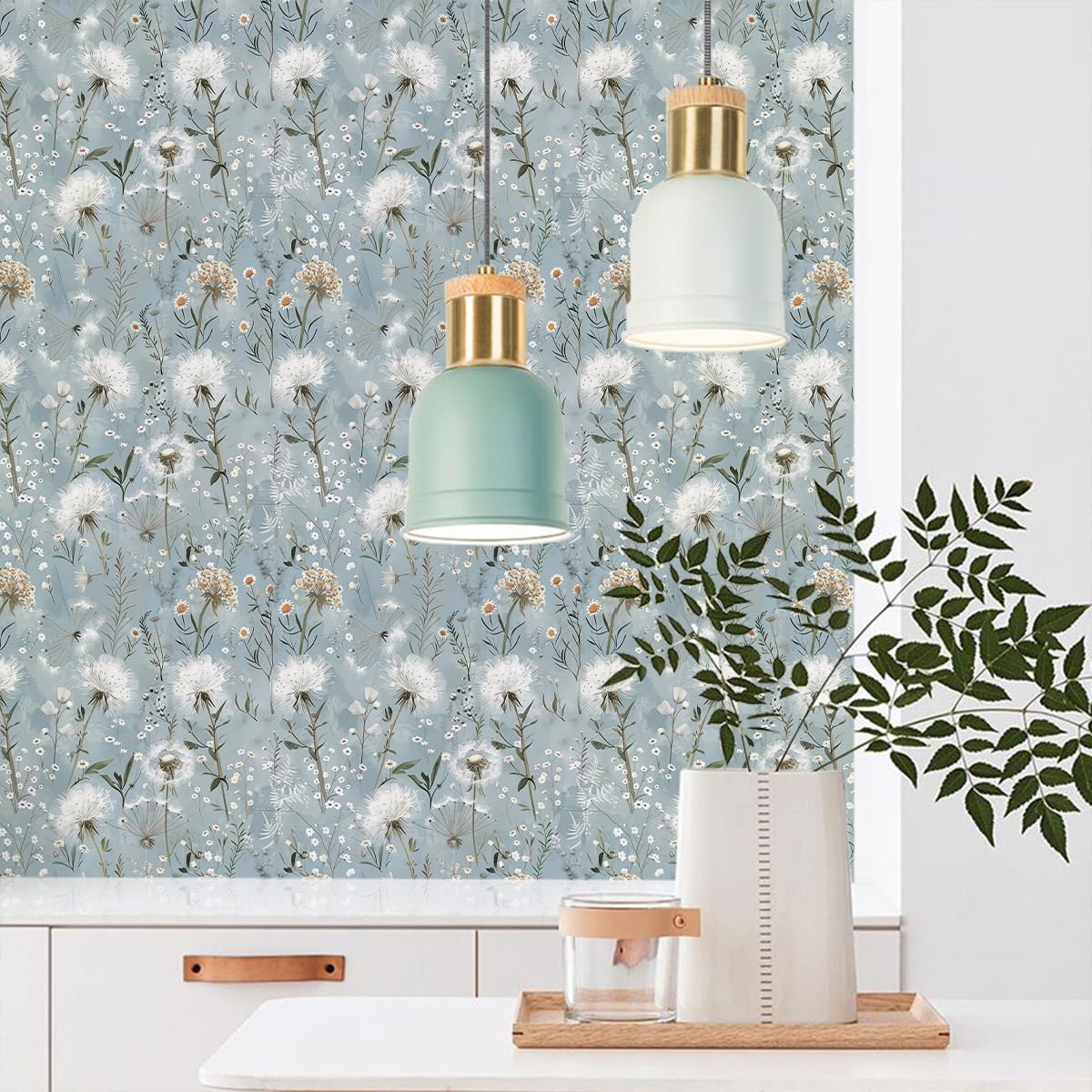 lenify Floral Peel and Stick Wallpaper Blue 16.9″ x 118.1″, Dandelion