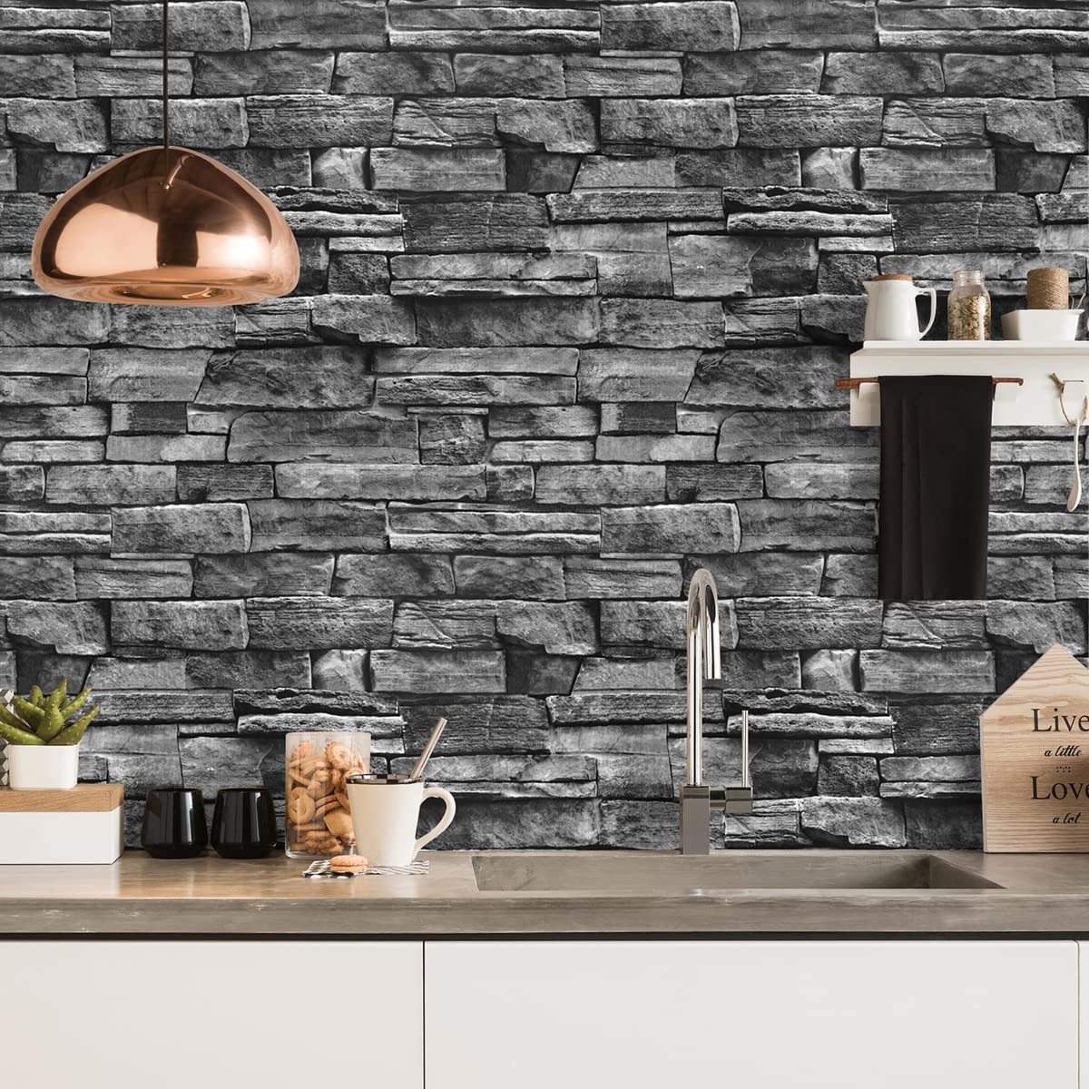 Jeweluck Grey Brick Wallpaper Peel and Stick 17.7″ x 118.1″, Dark Gray
