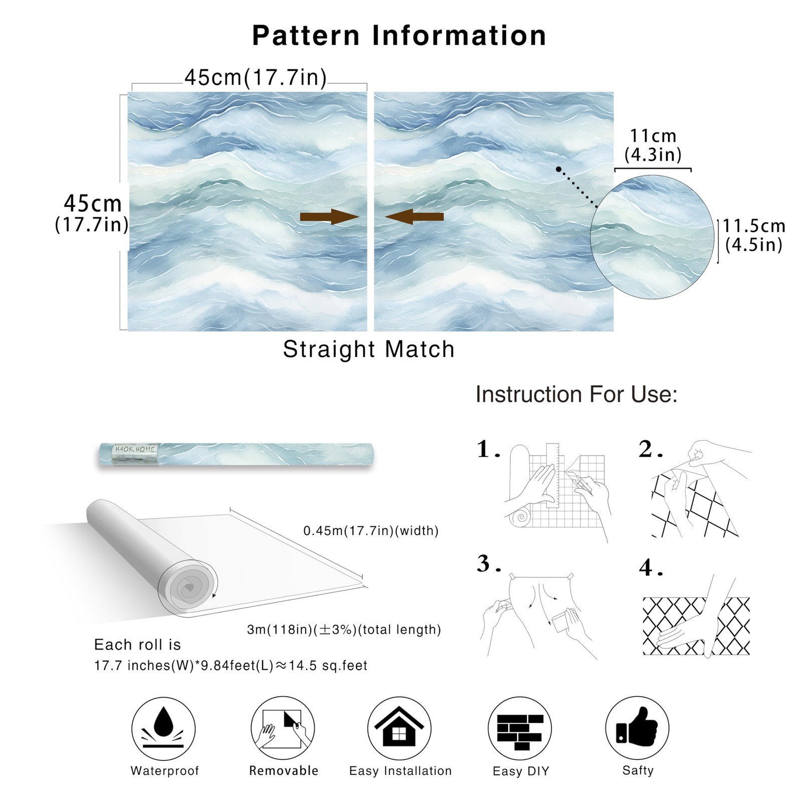 HAOKHOME Peel and Stick Wallpaper Wave Wall Paper Coastal 17.3″ x 118″, Blue