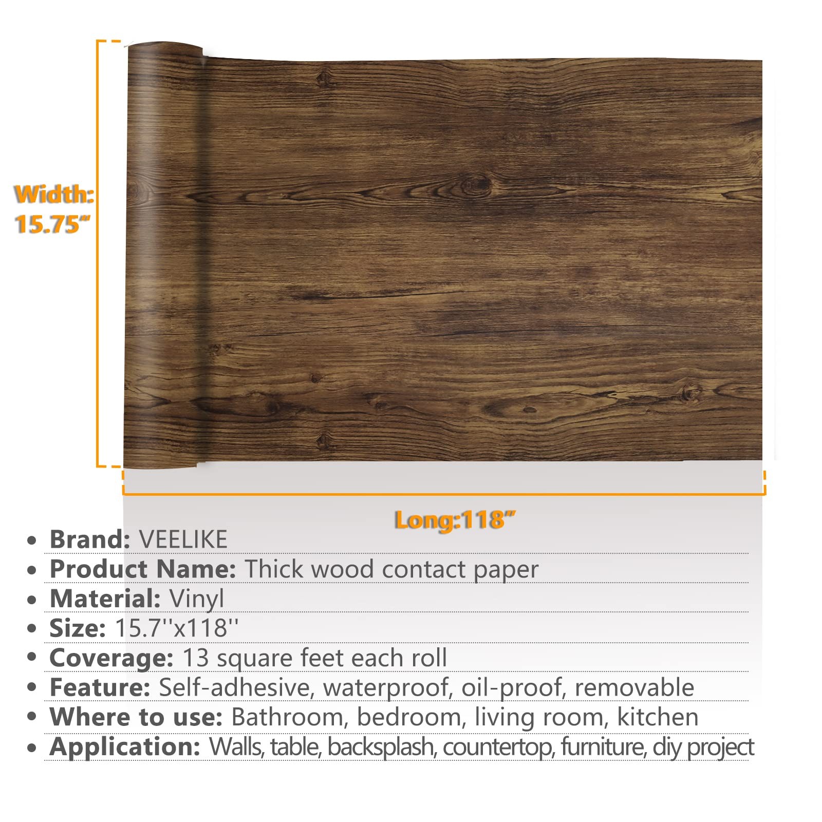 VEELIKE 15.7»x118» Thick Rustic Wood Wallpaper Peel and 15.7″ x 118″, Brown
