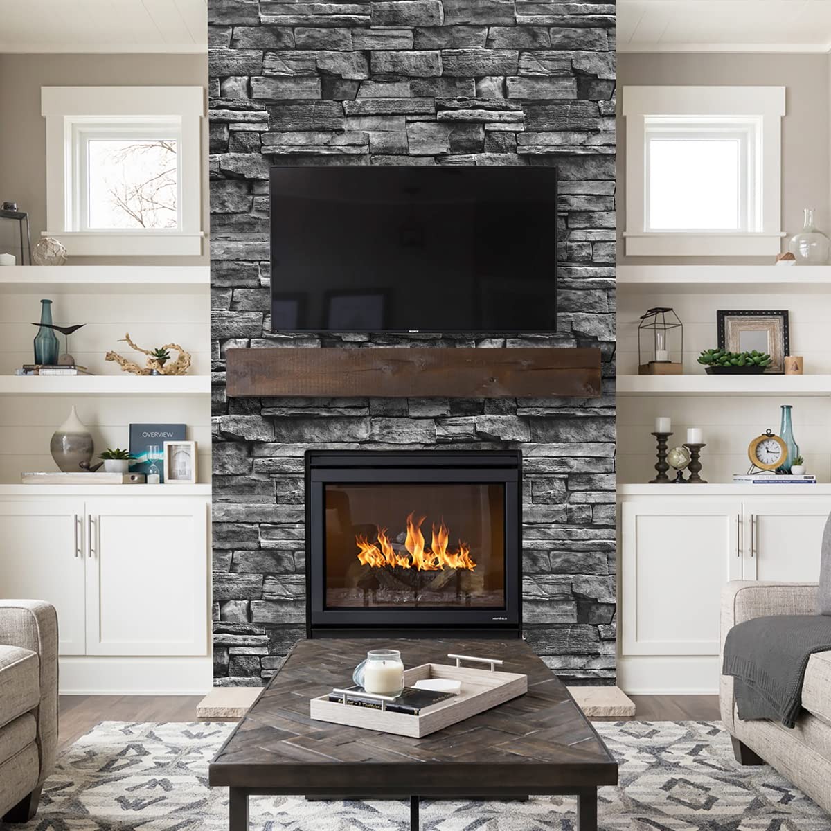 Jeweluck Grey Brick Wallpaper Peel and Stick 17.7″ x 118.1″, Dark Gray