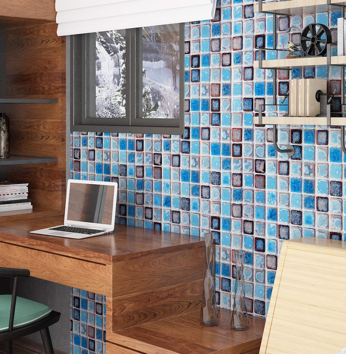 Livelynine Waterproof Wallpaper for Bathroom 15.8″ x 78.8″, Blue Mosaic Tiles