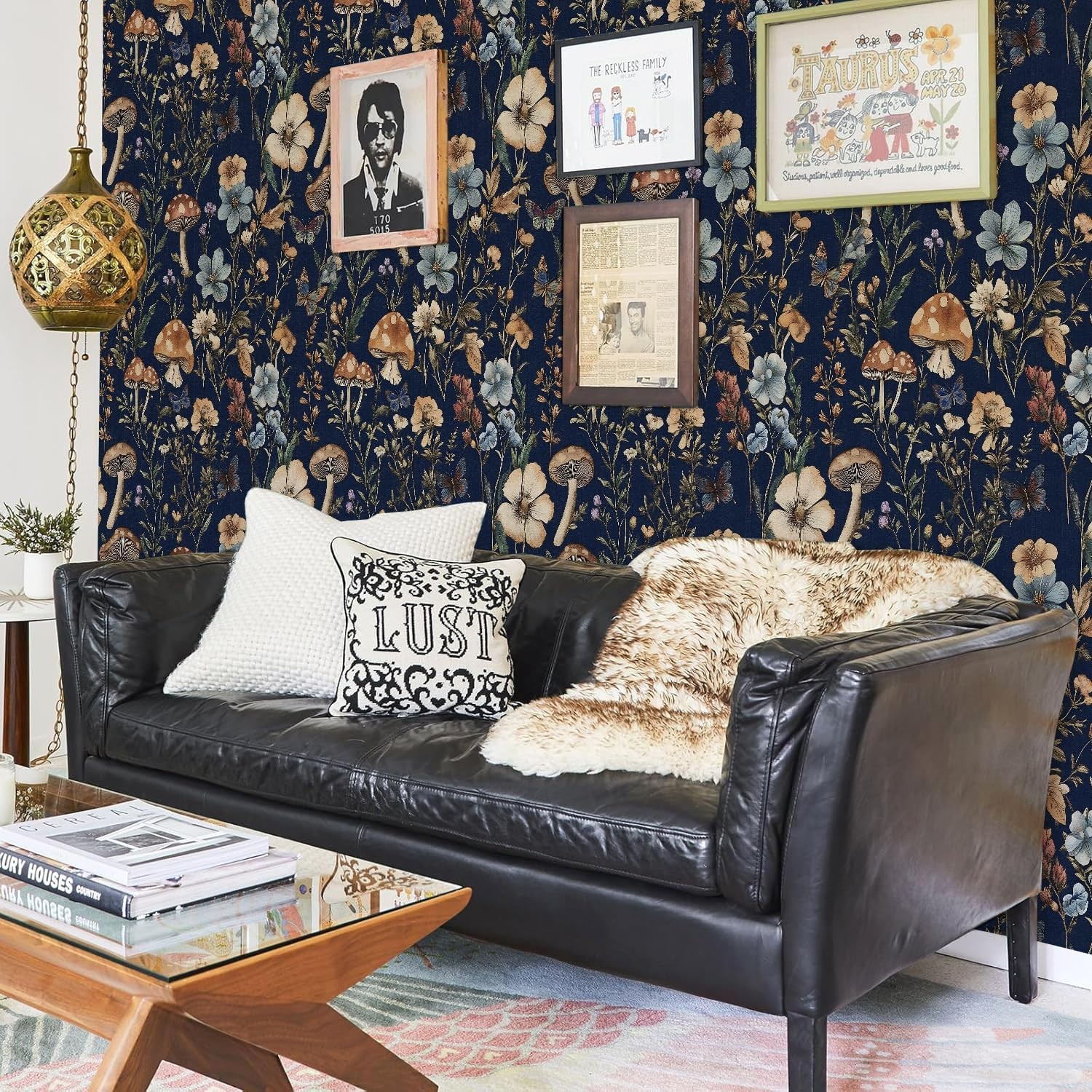 Froluya Mushroom Wallpaper Peel and Stick Dark Blue 16.9″ x 118.1″,