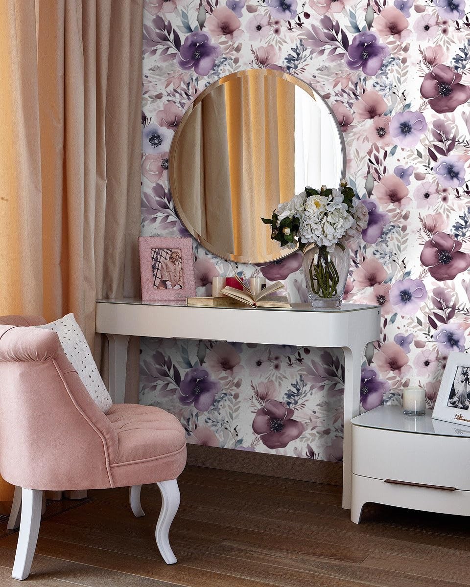 HAOKHOME Floral Peel and Stick S: 17.7in x 9.8ft, Mauve/Purple/White