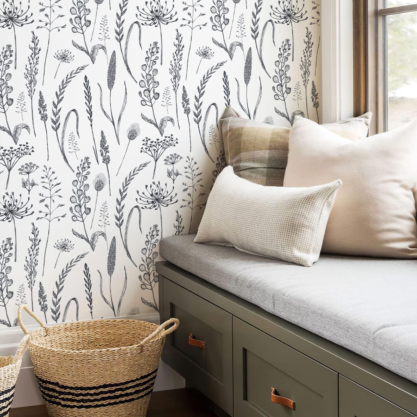 JiffDiff Peel and Stick Wallpaper Farmhouse Vintage 17.3″ x 118″, Black/White