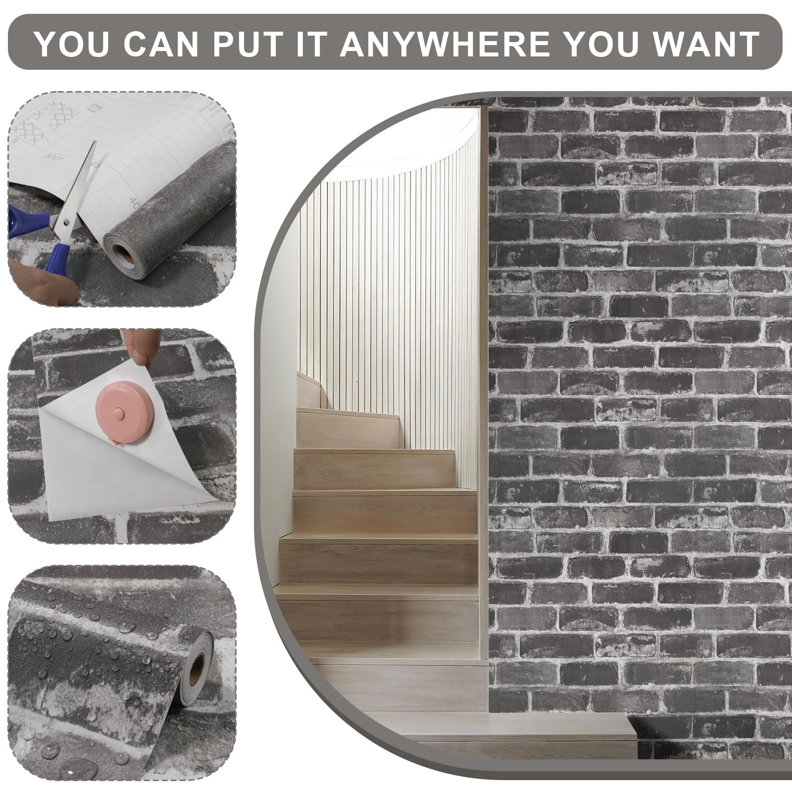 Qianglive Grey Brick Peel and Stick Wallpaper 17.5″×120″ 17.5″ x 120″, Gray