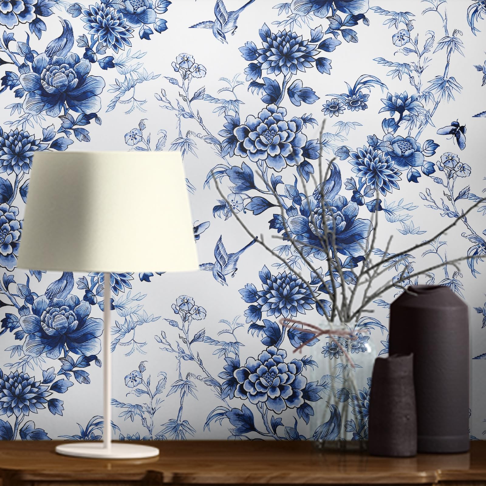 RUSPEPA Peel and Stick Wallpaper – Blue 17.3″ x 78.7″, Flower White