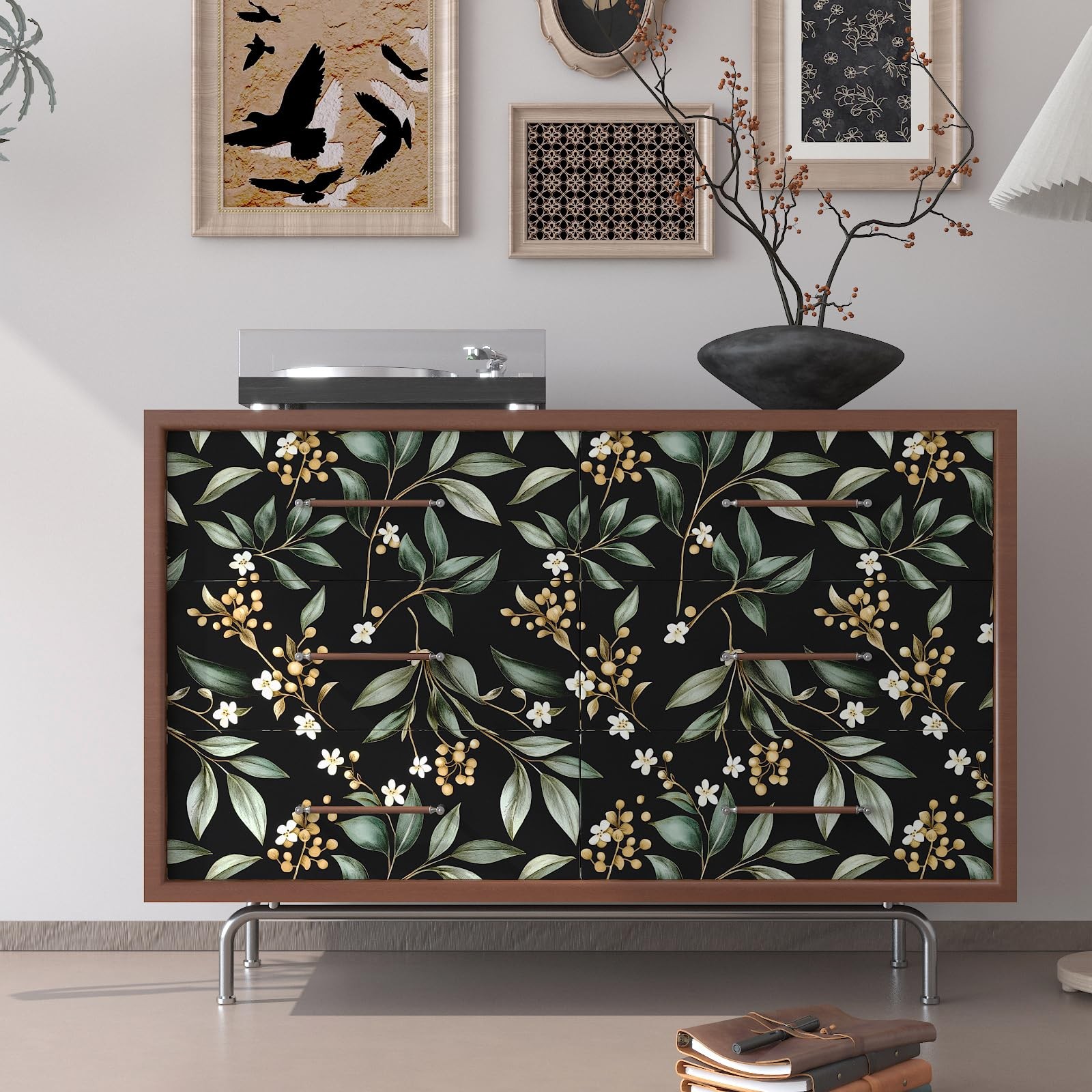 VOLEAAR Dark Peel and Stick Wallpaper 17.5″ x 118″, Black/Green/Yellow