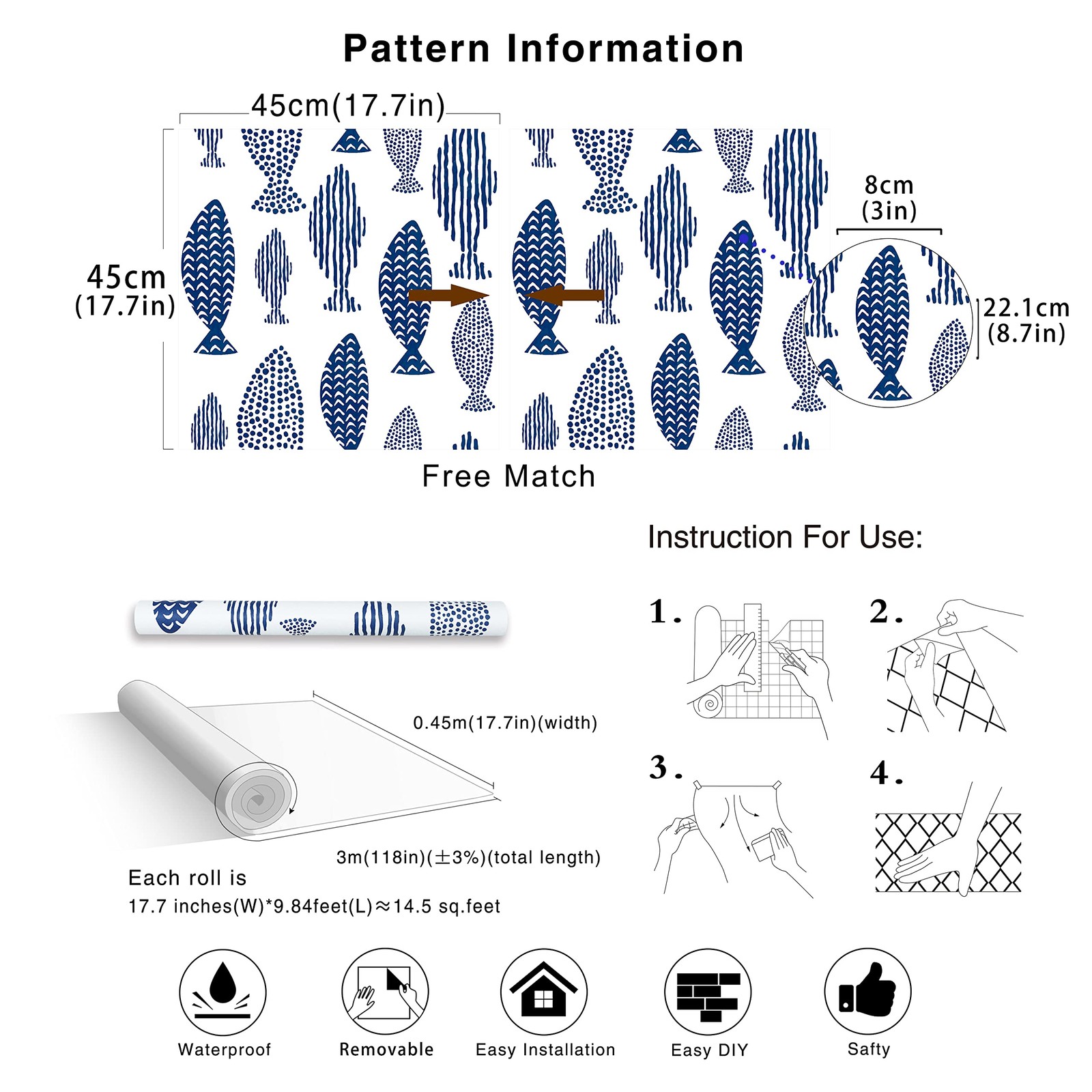 HAOKHOME Peel and Stick Wallpaper Coastal Fish S: 17.7in x 9.8ft, ‎Navy/White