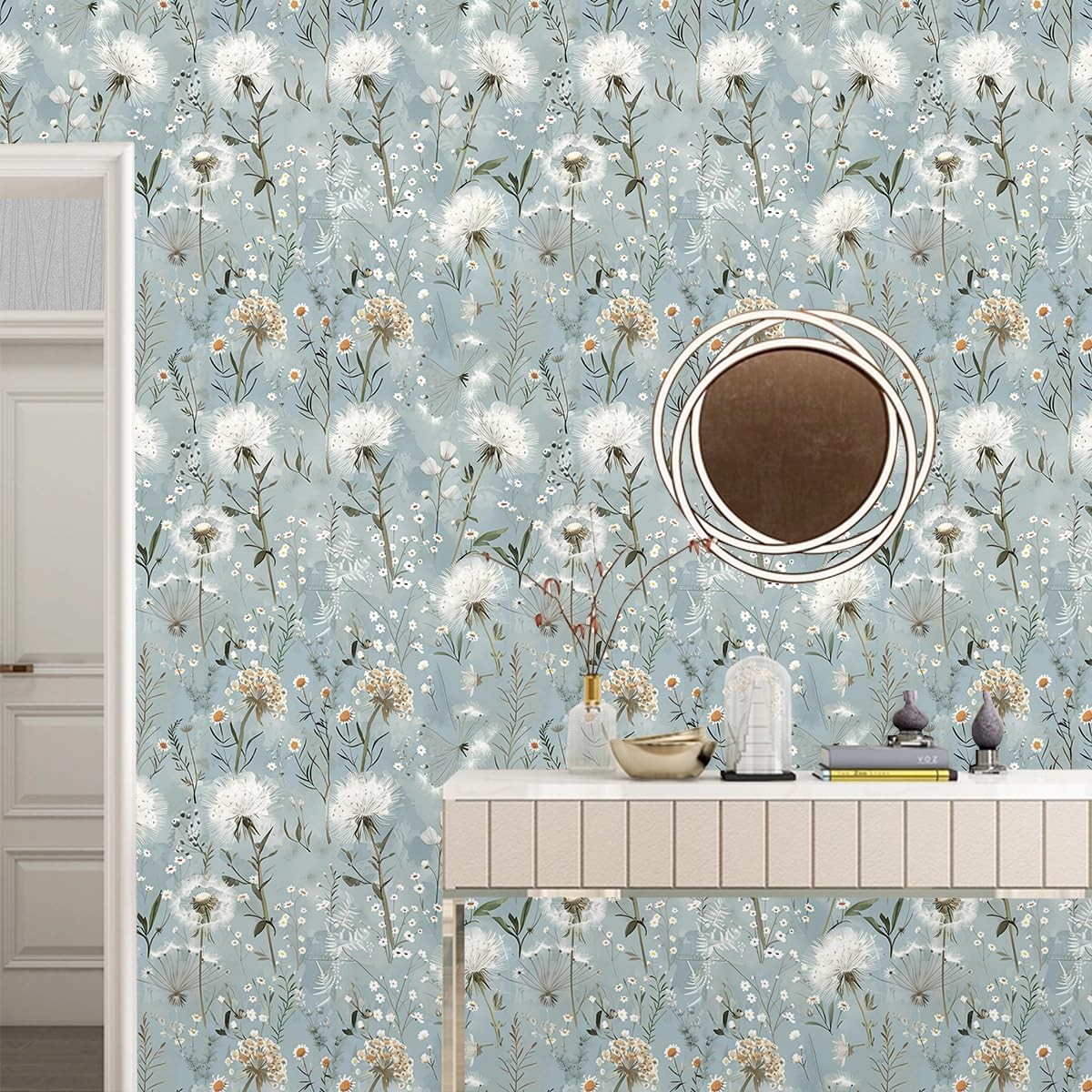 lenify Floral Peel and Stick Wallpaper Blue 16.9″ x 118.1″, Dandelion