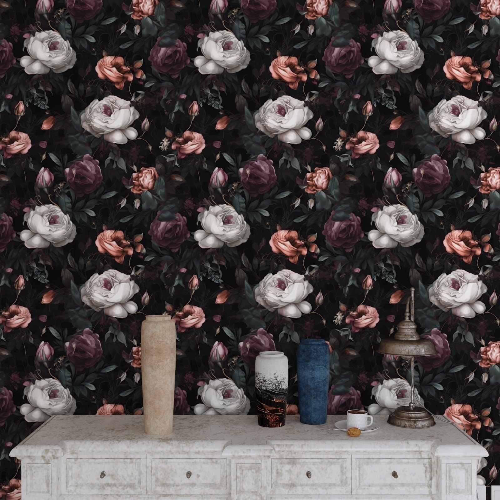 Laatse Dark Floral Wallpaper Peel and Stick, 117.9″ x 17.5″, black,purple