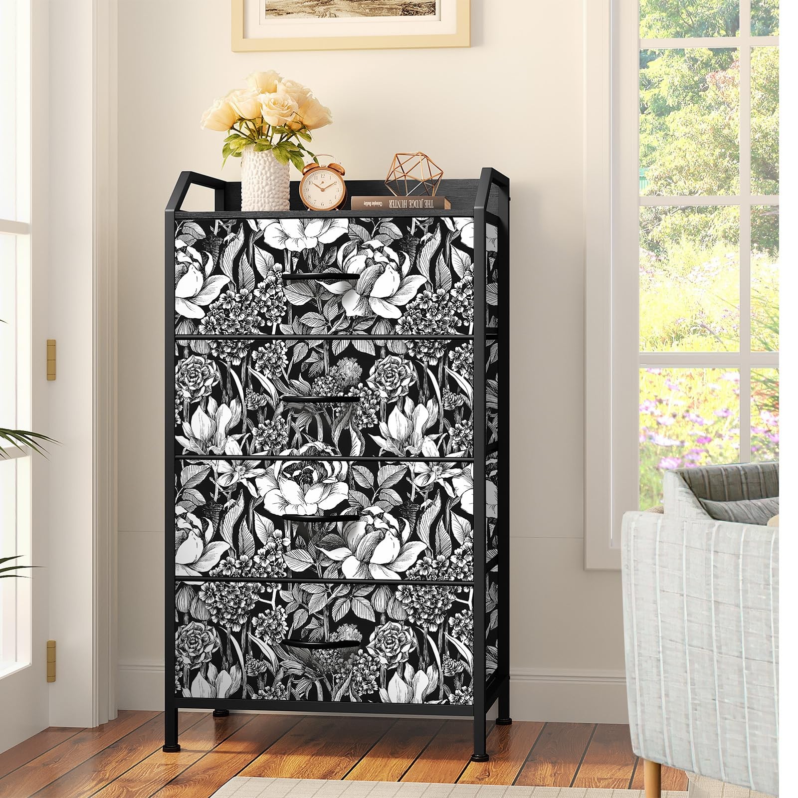 AuraCyzirine Black and White Floral Wallpaper A Set of 17.3″ x 200″,