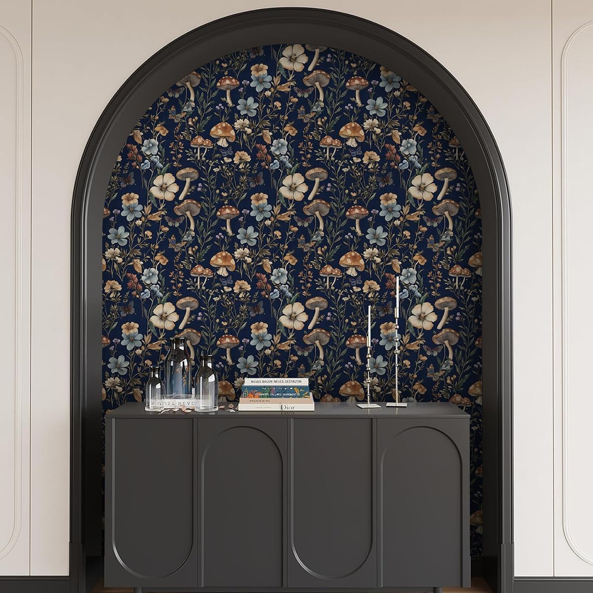 Froluya Mushroom Wallpaper Peel and Stick Dark Blue 16.9″ x 118.1″,