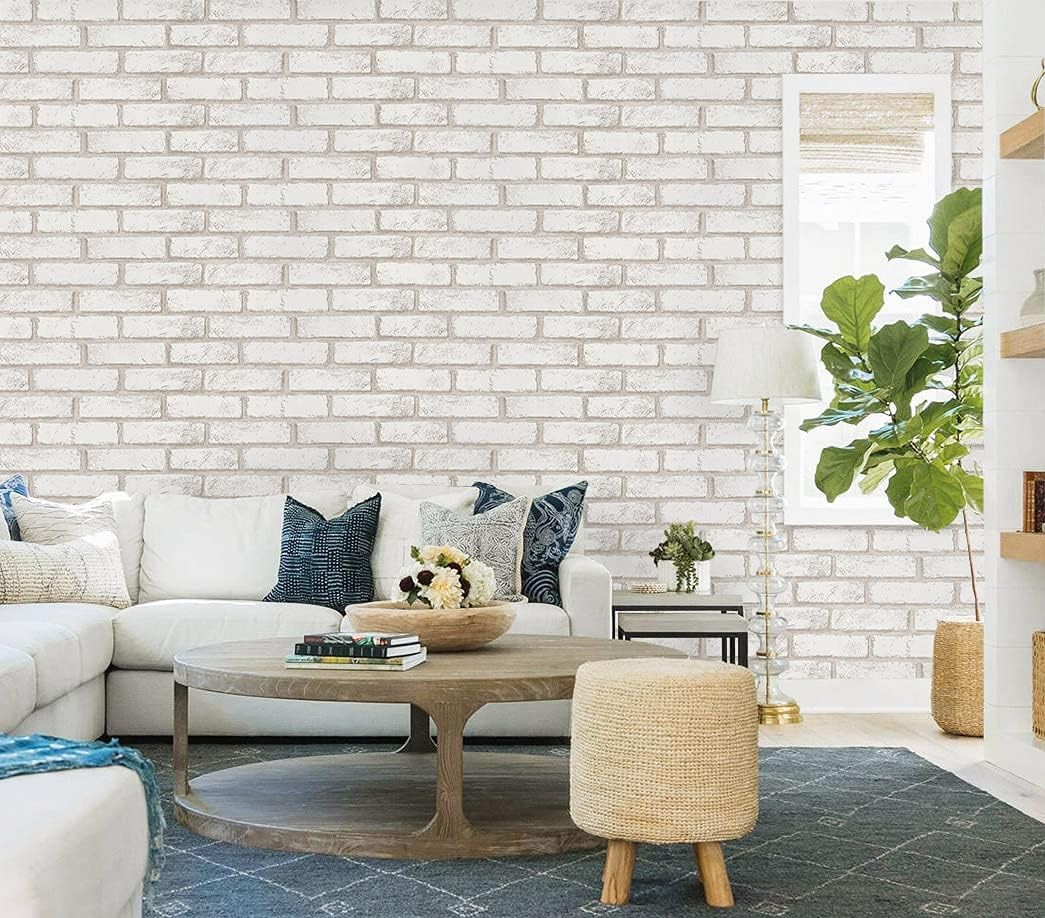 Timeet Beige White Brick Peel and Stick Wallpaper 17.7 x 118.1, Beige,white