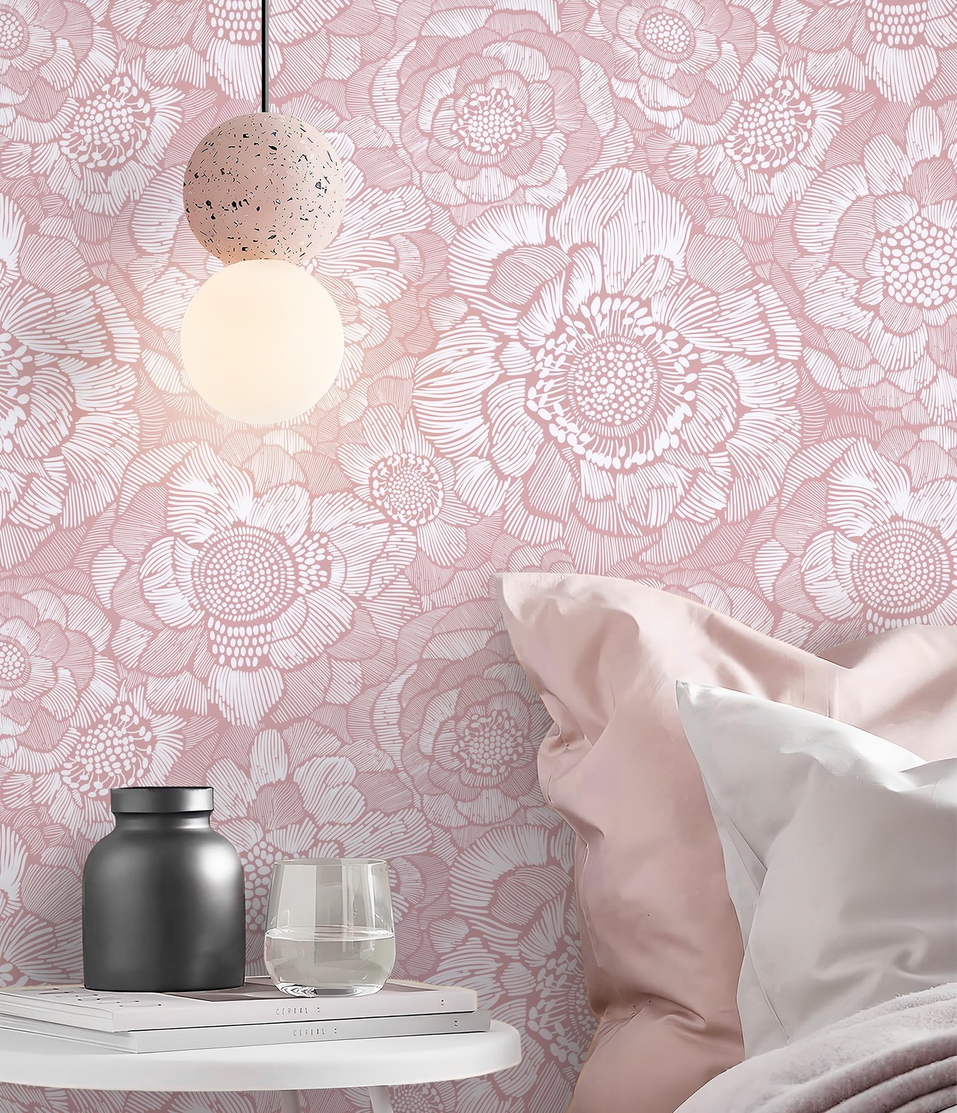 HeloHo Pink Peel and Stick Wallpaper Floral 17.3″ x 78.7″, Light