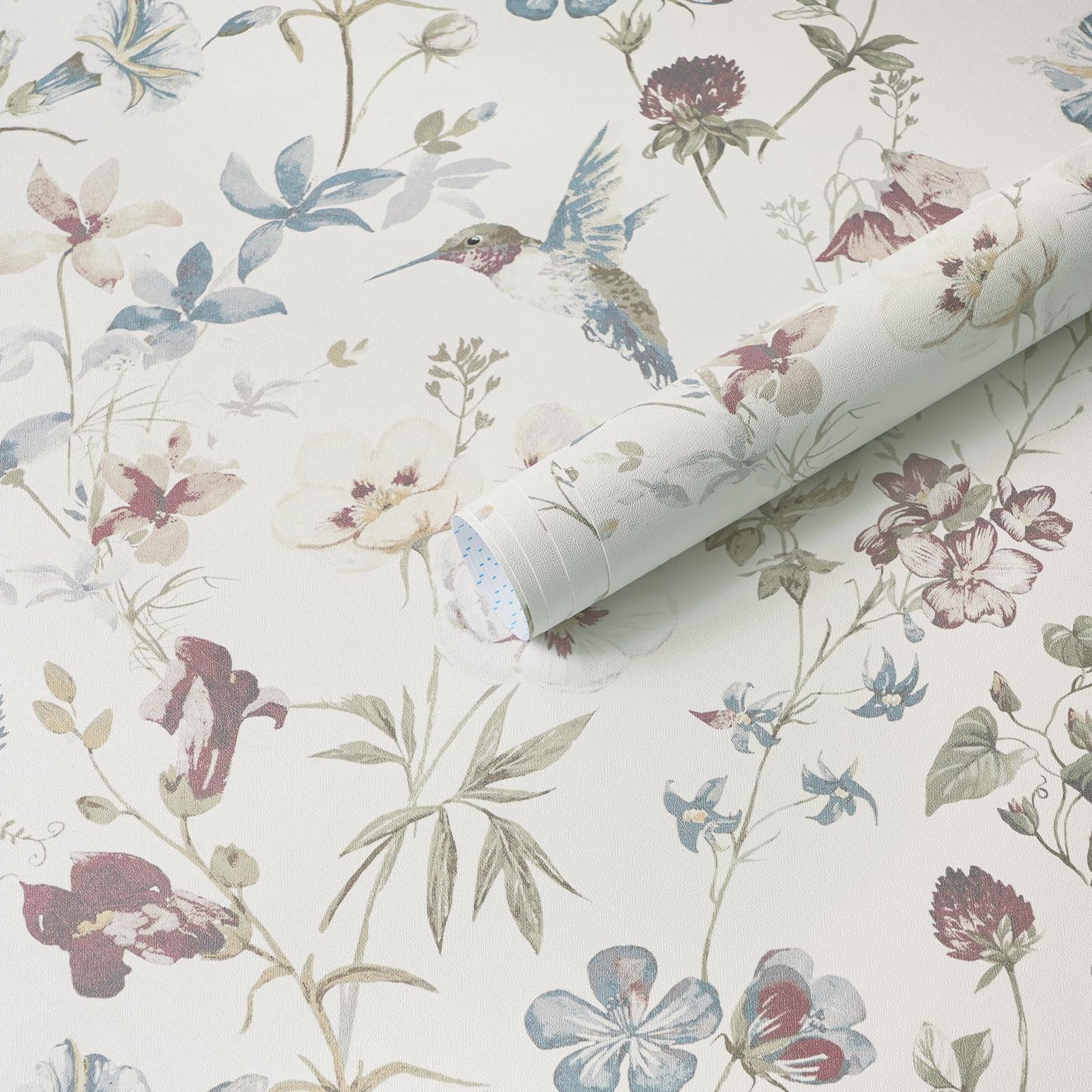 Floral Bird Botanical Wallpaper 17.3»x 78.7», Beige and Blue