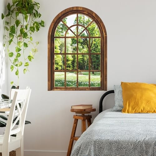 3D Wall Stickers Fake Window Wall Stickers,Arched Garden Scenery View Brown-01