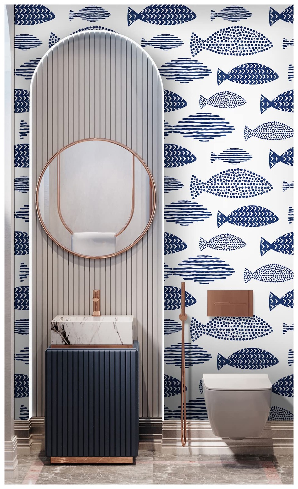 HAOKHOME Peel and Stick Wallpaper Coastal Fish S: 17.7in x 9.8ft, ‎Navy/White