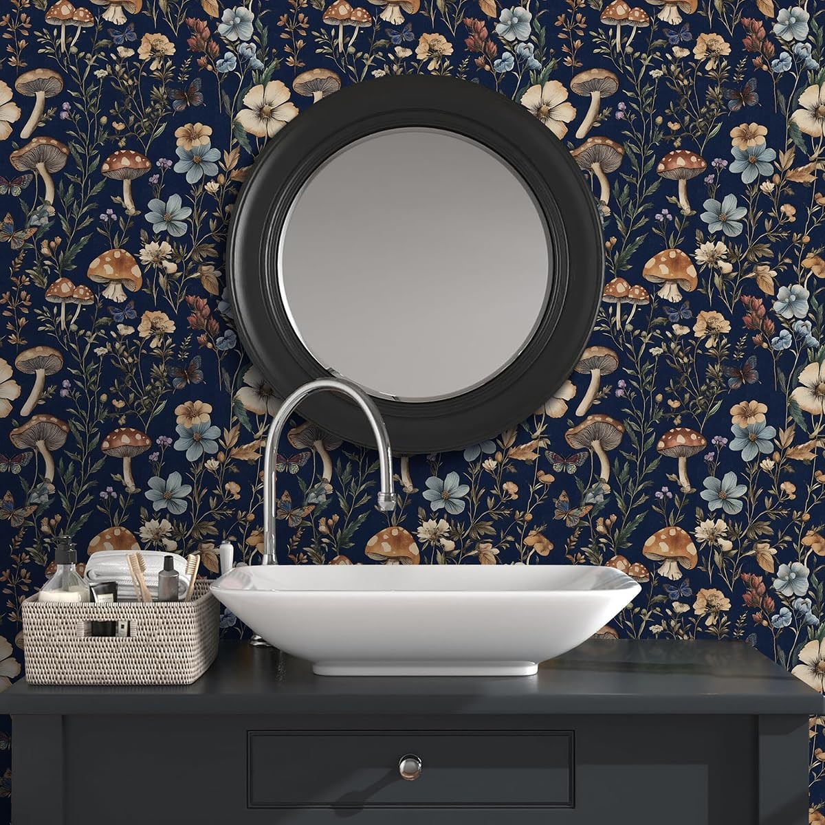Froluya Mushroom Wallpaper Peel and Stick Dark Blue 16.9″ x 118.1″,