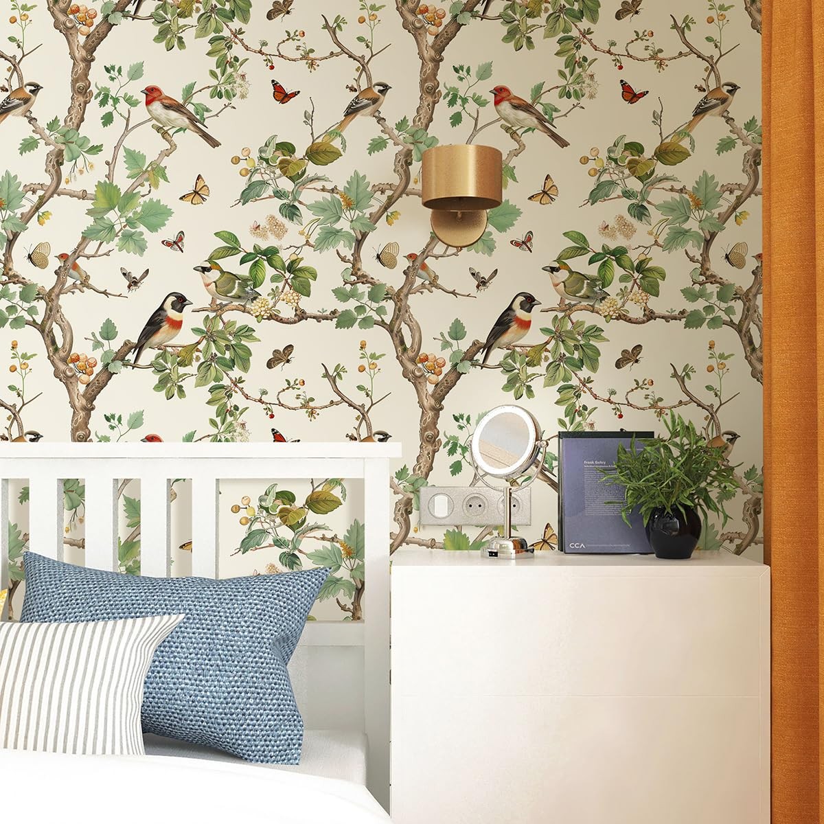 Nukofal Vintage Bird Peel and Stick Wallpaper Floral 16.9″ x 118.1″, Beige
