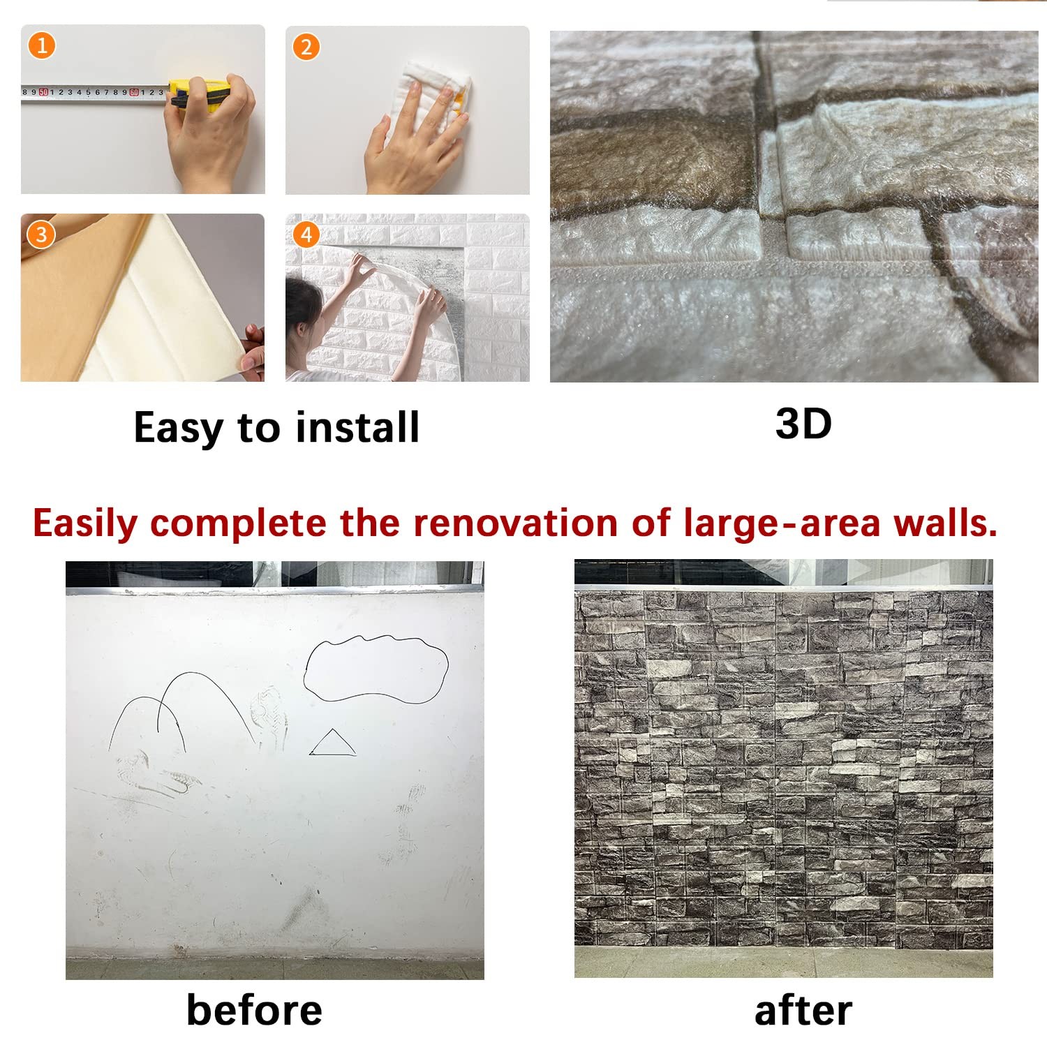 20PCS 3D Wall Panels Peel and Stick Foam Brick Wallpaper 20PCS, Rock color