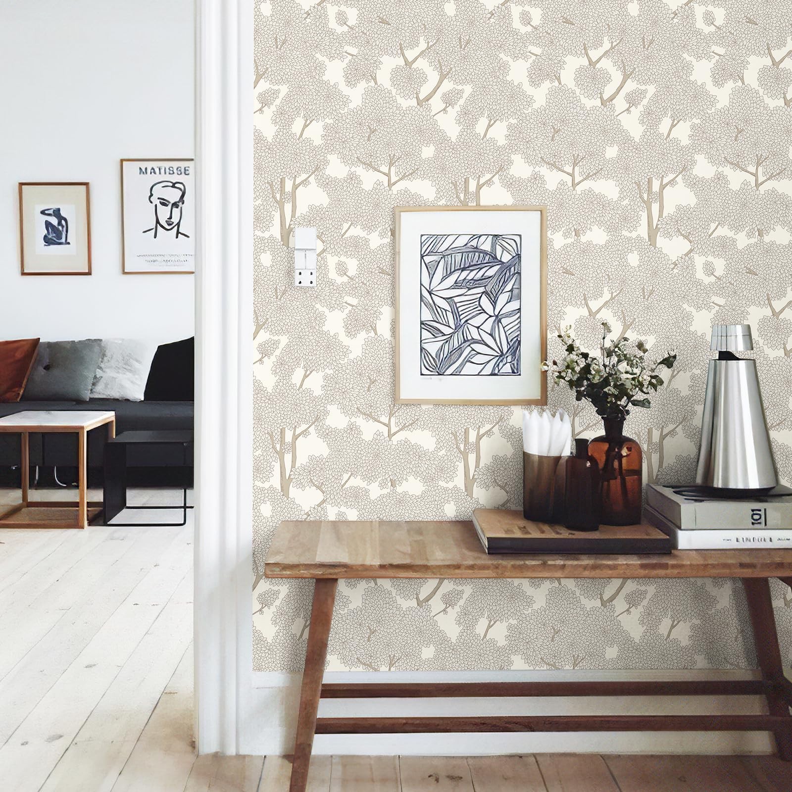 JiffDiff Tree Wallpaper Peel and Stick Jungle Wall Paper 17.3″ x 120″, Cream